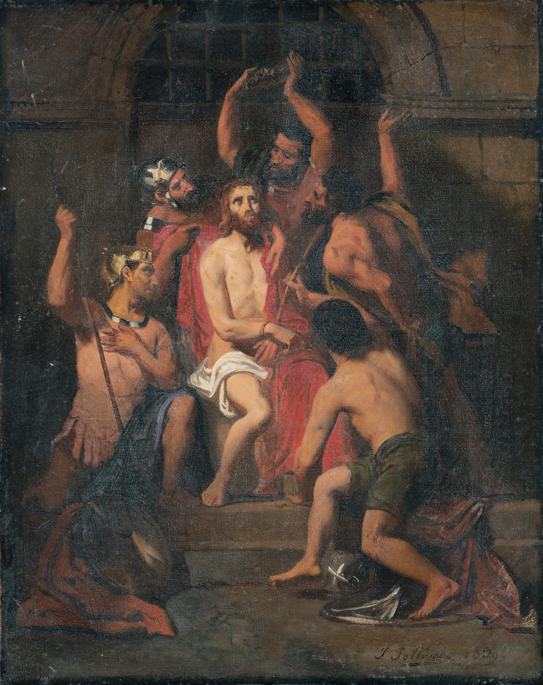 L'image représente une scène dramatique avec une figure centrale, probablement une représentation de Jésus, assise sur une marche. Il est entouré de plusieurs personnages qui semblent vêtus d'armures anciennes et expriment des émotions variées, allant de la moquerie à la menace. La lumière se concentre sur la figure centrale, accentuant son isolement et sa souffrance. L'arrière-plan est sombre, ce qui crée un contraste avec les éléments au premier plan et renforce l'intensité de la scène. Cette œuvre évoque un moment de tension et de conflit.