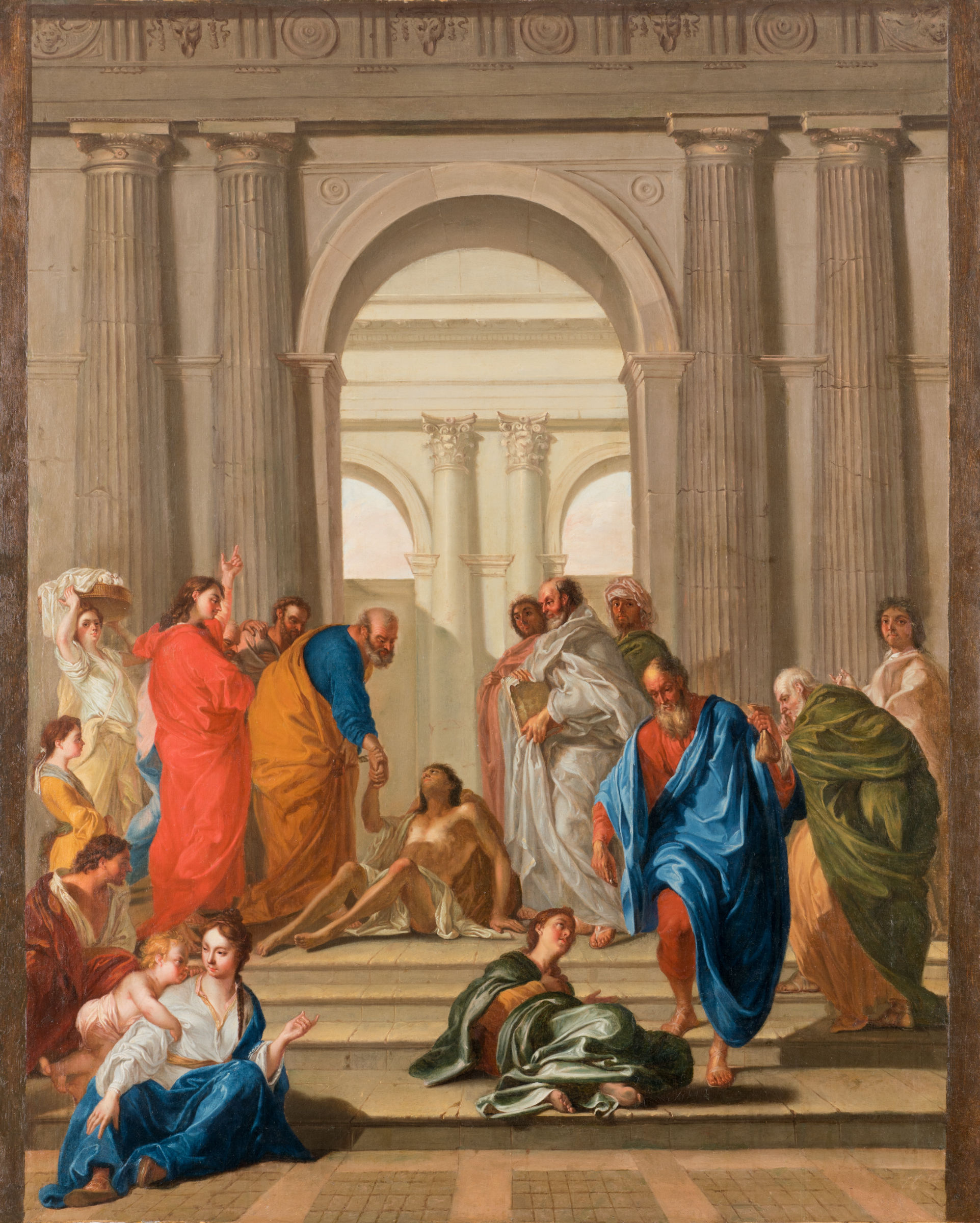 L'image représente une scène historique ou mythologique, probablement tirée d'une œuvre artistique. On y voit un groupe de personnages dans un décor architectural impressionnant, composé de colonnes et d'arcs. Au centre, deux figures semblent interagir, tandis qu'un groupe regarde autour d'eux, certains manifestant des émotions variées. Les vêtements des personnages sont richement colorés, et l'ensemble dégage une atmosphère dramatique et solennelle. Des femmes sont également présentes, ajoutant à la diversité des personnages dans la composition.