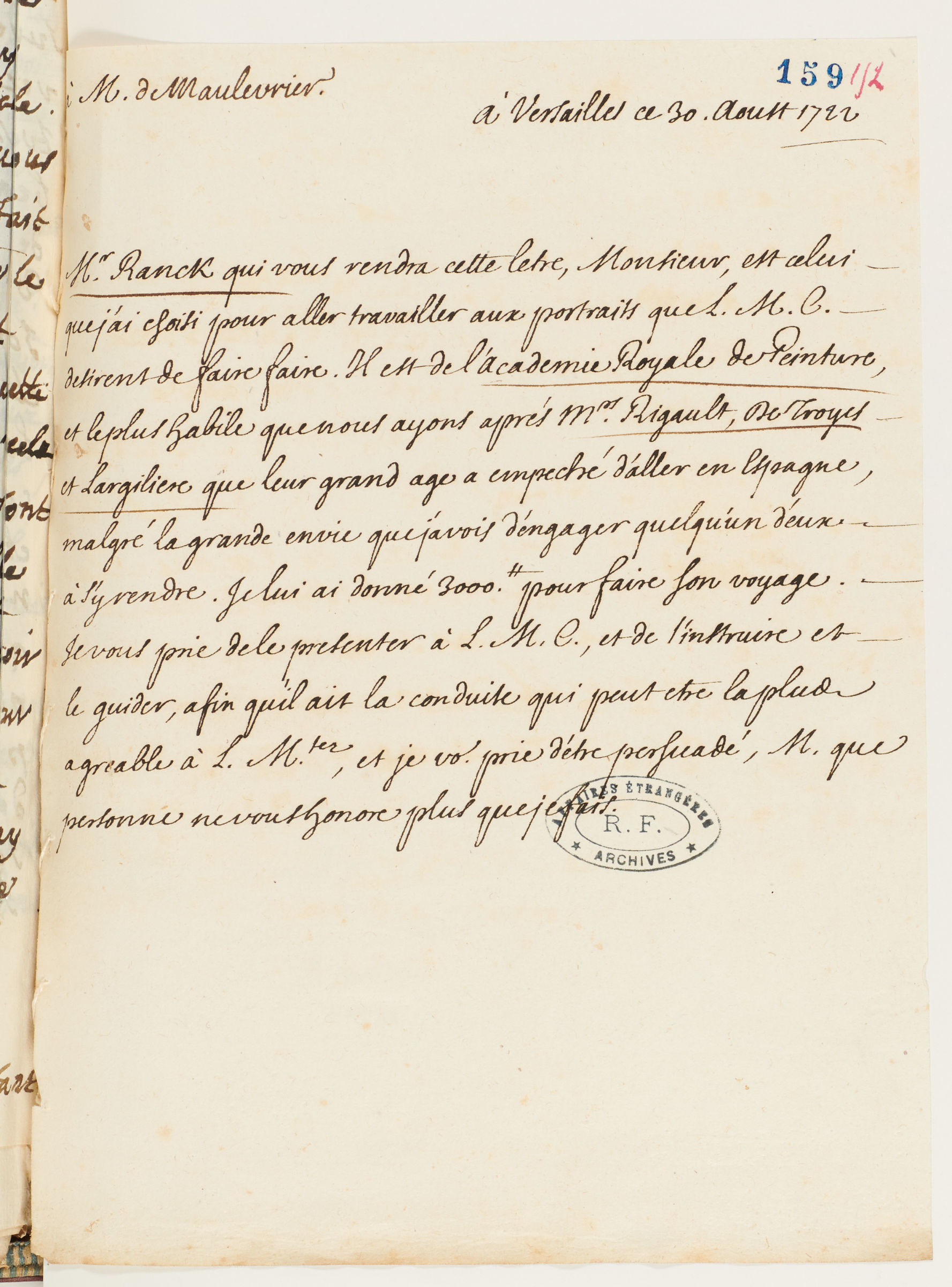 L'image montre une page manuscrite avec du texte, probablement une lettre ou un document officiel. Le style d'écriture est soigné, avec des phrases longues et des formules de politesse. Le document mentionne une correspondance avec une personne, apparemment destinée à un certain "Monsieur". Il aborde des sujets liés à des affaires ou des instructions à suivre. Les détails sur le contenu exact et le ton du message ne sont pas spécifiés, mais il semble s'agir d'un échange formel datant du 30 août 1722.