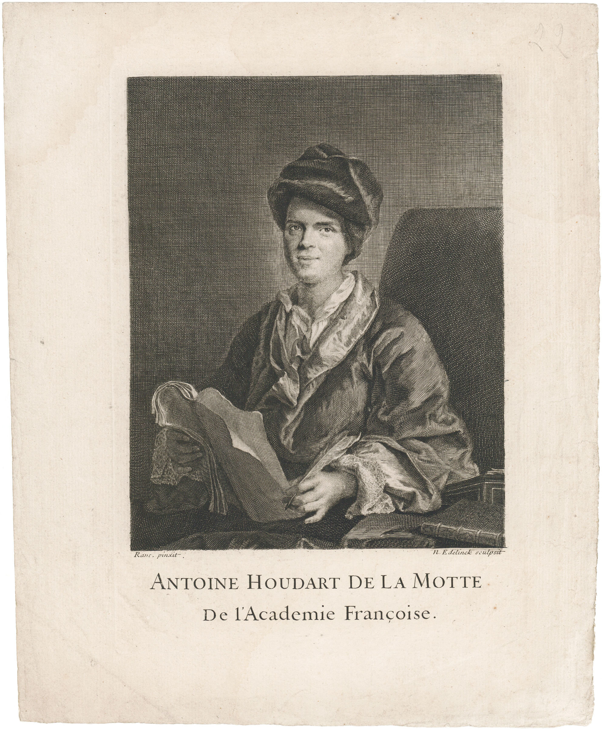 L'image représente un portrait d'Antoine Houdart de la Motte, membre de l'Académie française. Il est vêtu d'une tenue traditionnelle et porte un chapeau. Il tient un livre ou un document dans ses mains. L'arrière-plan est simple, mettant en valeur son visage et son expression pensante. Le texte en bas indique son nom et son affiliation à l'Académie.