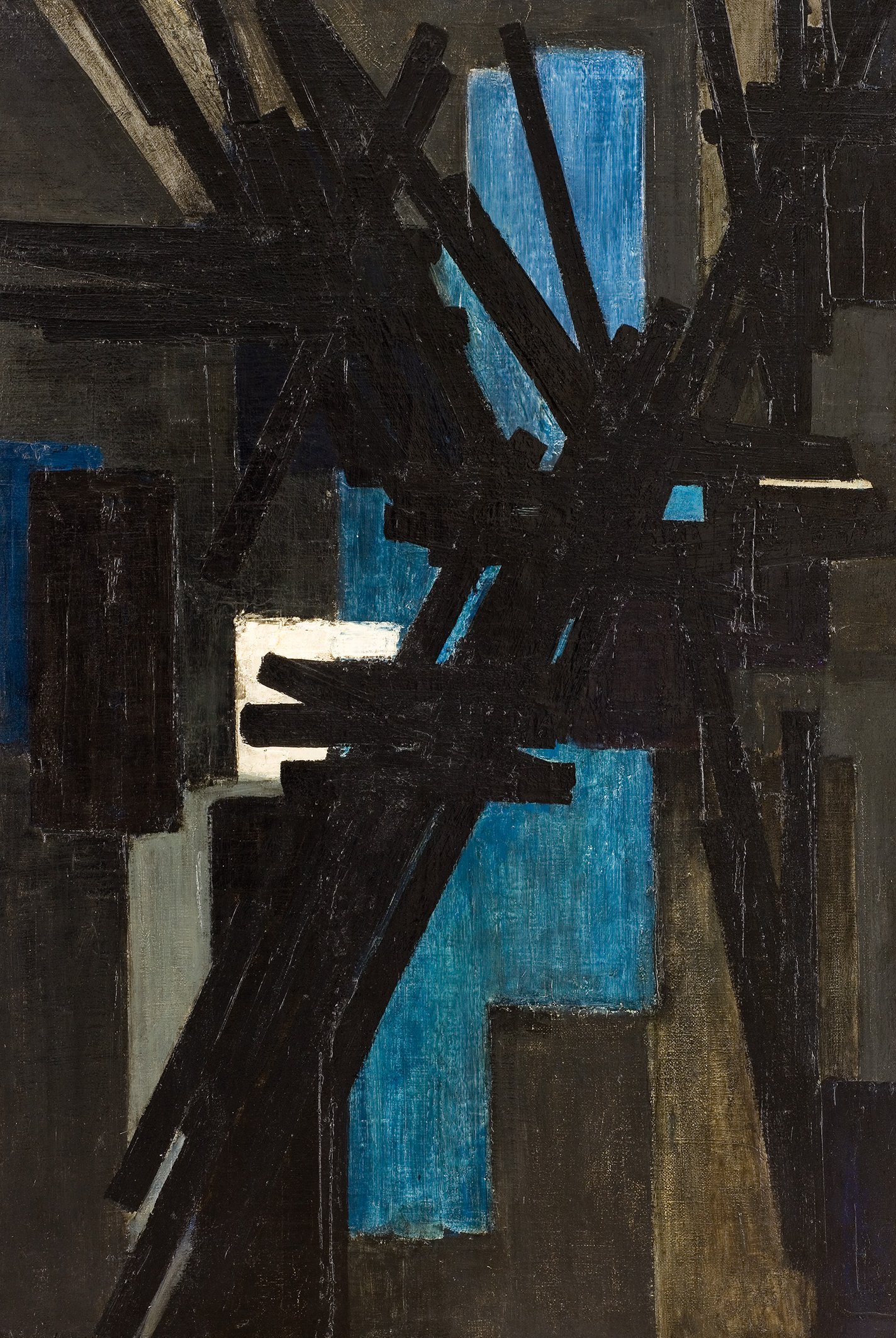 Cette image représente une composition abstraite, avec des formes géométriques et des lignes dynamiques. On y voit une utilisation contrastée des couleurs, notamment des tons sombres comme le noir et le brun, entrecoupés de touches de bleu et de blanc. Les lignes semblent s'entrecroiser, créant un effet de profondeur et de mouvement. L'ensemble dégage une ambiance moderne et énergique, typique de l'art abstrait.