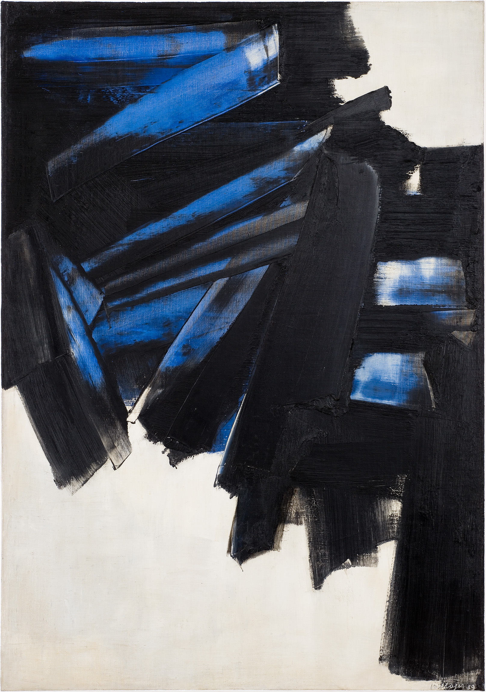 L'image présente une œuvre d'art abstraite dominée par des tons de bleu et de noir. Les coups de pinceau sont apparents, créant une texture dynamique. Les bandes de couleur bleue se marient avec de larges zones de noir, formant un contraste frappant. Le fond est clair, ce qui permet aux couleurs sombres de ressortir encore plus. L'ensemble dégage une impression de mouvement et d'énergie, typique de l'art abstrait contemporain.