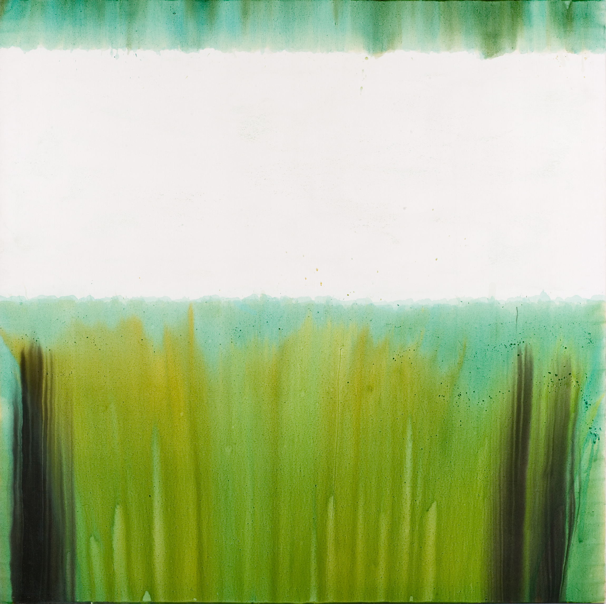 L'image présente une œuvre abstraite dominée par des teintes de vert en bas et un large bandeau blanc en haut. La transition entre le vert et le blanc est marquée par des nuances, créant une atmosphère à la fois calme et dynamique. Les couleurs vertes semblent s'étendre verticalement, évoquant peut-être des éléments naturels comme des herbes ou des paysages. L'ensemble est minimaliste, mettant l'accent sur la simplicité et la fluidité des formes.