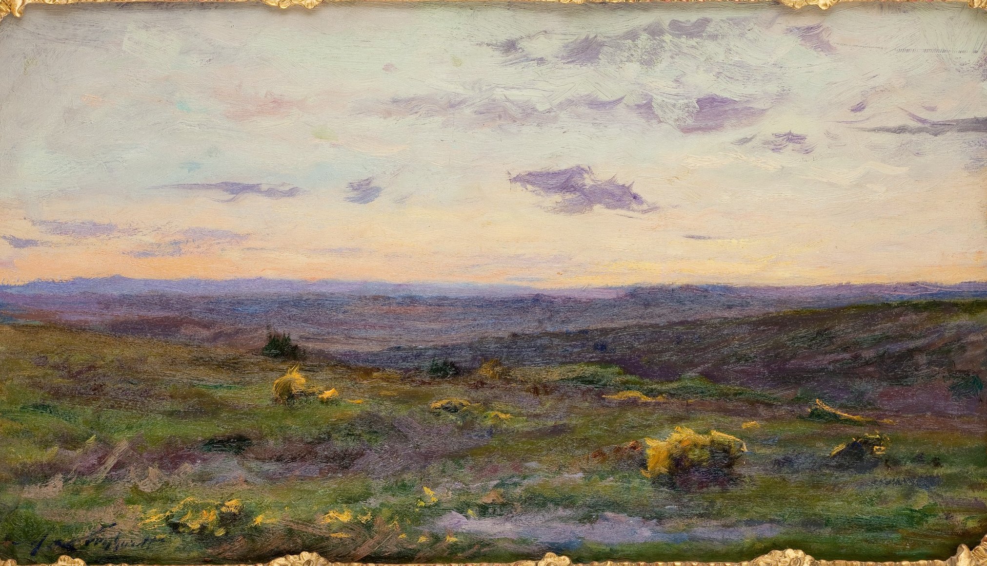 L'image représente un paysage avec une vaste étendue de collines verdoyantes sous un ciel teinté de nuances pastel. On peut voir des touches de vert, de violet et de bleu dans la végétation et le ciel. La lumière douce évoque un moment de transition, comme le lever ou le coucher du soleil, créant une atmosphère tranquille et poétique. Les coups de pinceau visibles ajoutent une texture vibrante à la scène.