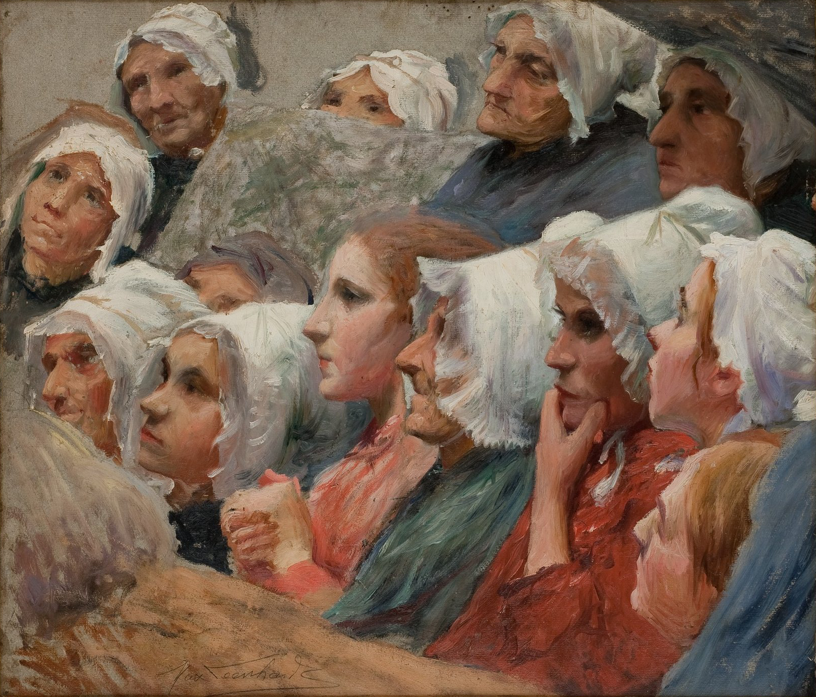 L'image montre un groupe de femmes, probablement des paysannes, rassemblées et portant des coiffe(s) blanche(s). Leur regard est dirigé vers le spectateur ou vers un point d'intérêt hors-champ. Les visages sont peints avec une attention particulière aux expressions et aux détails des traits, évoquant des émotions telles que l'attention ou la contemplation. Les couleurs sont douces et terreuses, contribuant à créer une atmosphère intimiste et chargée d'histoire.