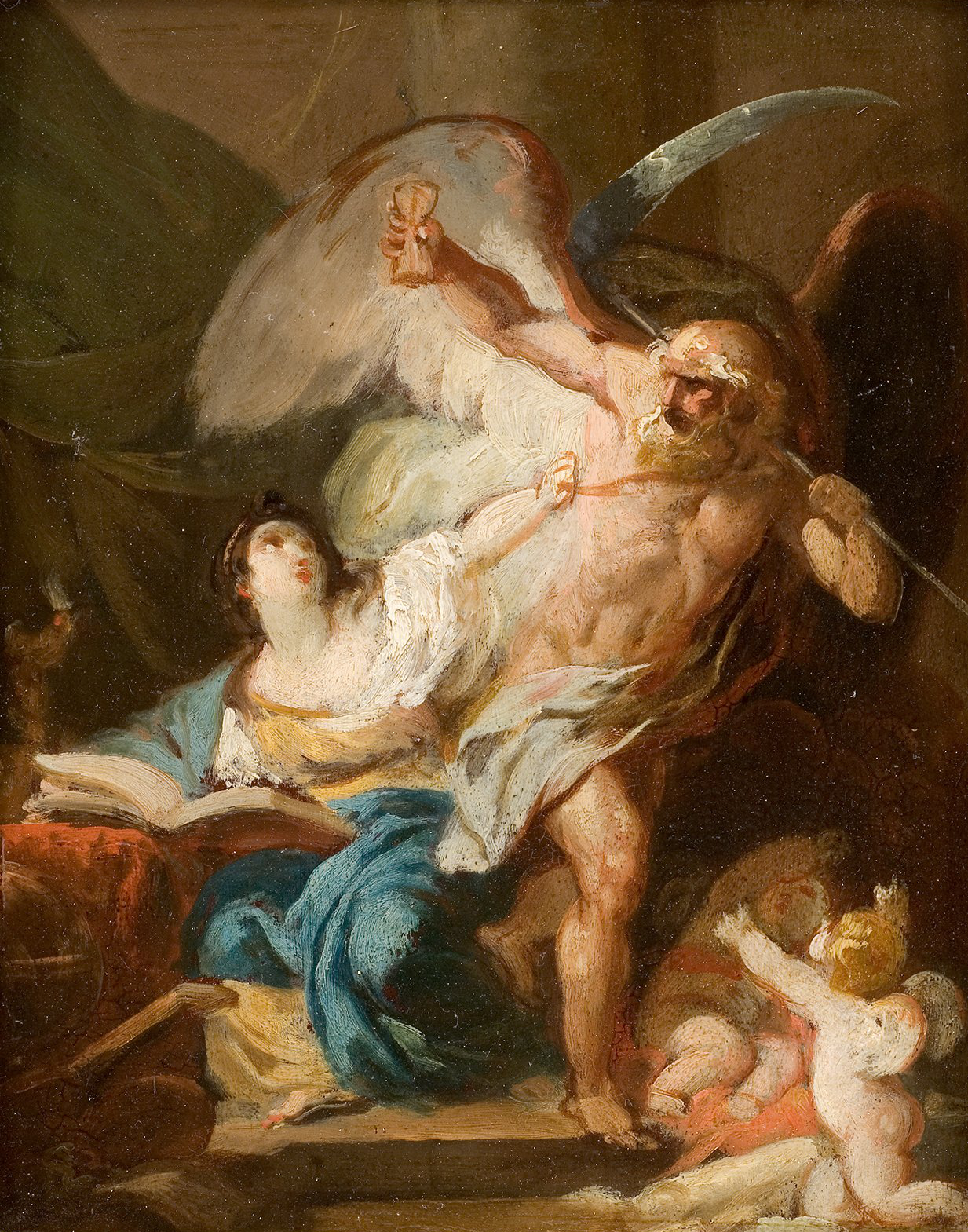 L'image représente une scène dramatique où un ange est en train de lutter avec un personnage qui évoque la mort. L'ange, avec des ailes déployées, montre une expression intense, semblant défendre ou protéger une jeune femme assise à ses côtés. Elle est vêtue d'une robe bleue et blanche, et semble éprouver une grande émotion. À leurs pieds, deux chérubins observent la scène. La composition est riche en couleurs et en dynamisme, capturant un moment de tension entre la vie et la mort.