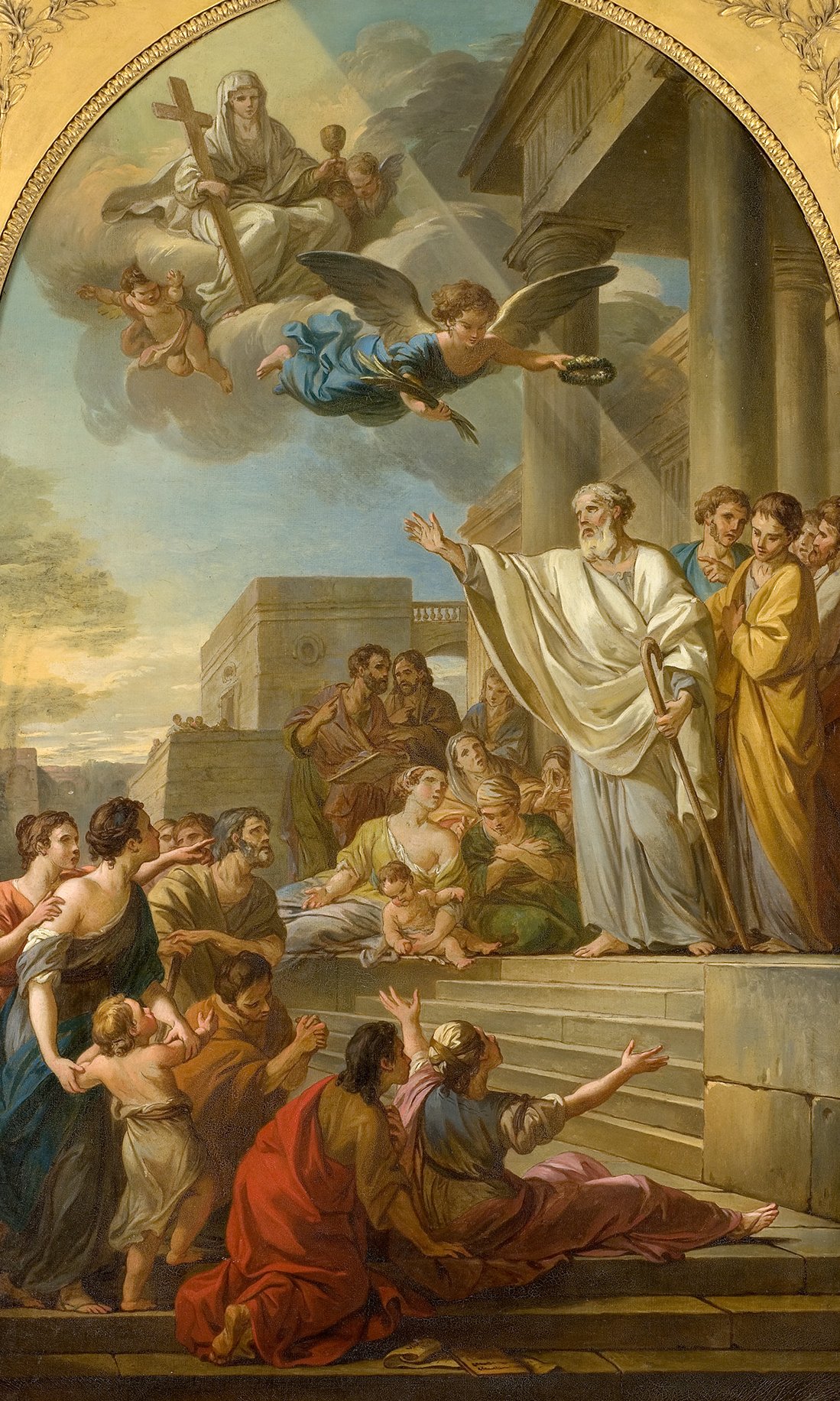 L'image représente une scène religieuse avec un groupe de personnes rassemblées devant une figure centrale, probablement un prophète ou un apôtre. Il se tient en haut des marches et semble parler à la foule qui l'entoure, exprimant des gestes d'écoute et de supplication. En arrière-plan, des anges et une figure féminine, qui pourrait symboliser la divinité, sont représentés dans les cieux. La lumière douce et les couleurs chaudes apportent une atmosphère sereine et solennelle à la composition. Cette œuvre évoque une connexion spirituelle profonde entre le personnage central et les personnes présentes.