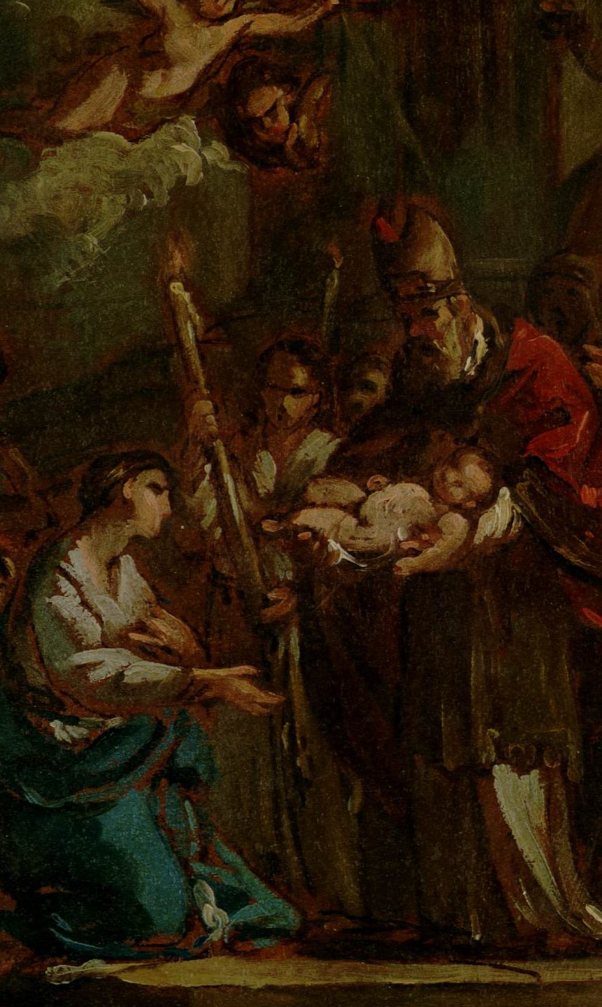 L'image représente une scène religieuse ou historique. On y voit des personnages en vêtements d'époque, dont un homme âgé portant une longue robe et une mitre, qui tient un bébé dans ses bras. Une femme, probablement une figure importante, s'incline devant lui, les mains jointes, témoignant d'une attitude de respect ou de dévotion. En arrière-plan, d'autres figures sont visibles, ajoutant à l'atmosphère solennelle de la scène. Les couleurs sont riches et chaleureuses, avec des jeux d'ombre et de lumière qui accentuent l'expression des personnages.