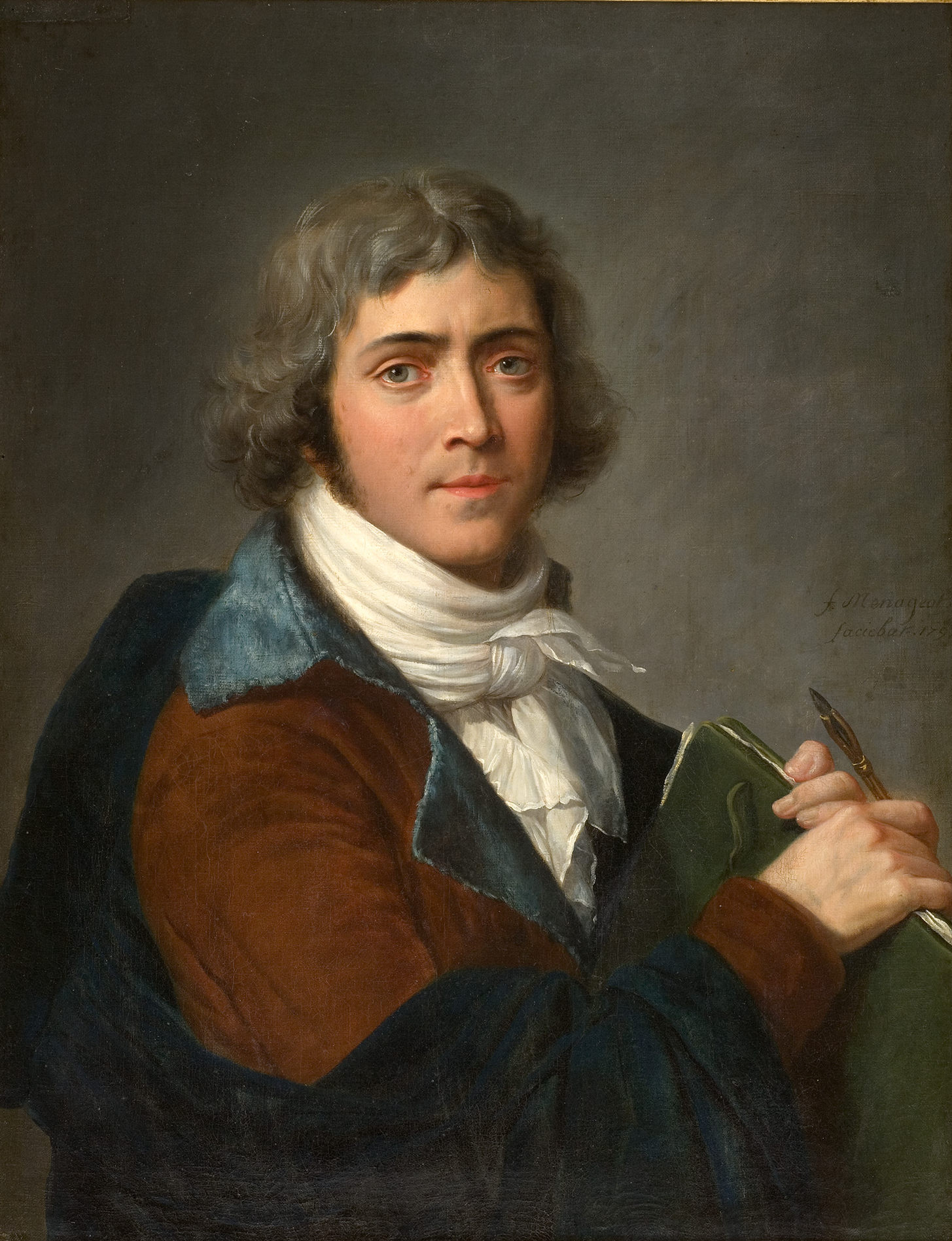 L'image représente un portrait d'un homme, probablement un artiste, qui se tient debout et regarde le spectateur. Il a des cheveux bouclés et une expression déterminée. Il porte un vêtement en velours, dont les couleurs semblent riches, avec un col blanc qui apporte une touche de contraste. Dans sa main, il tient un carnet ou une palette, suggérant son activité d'artiste. L'arrière-plan est sobre, ce qui met en valeur son visage et ses vêtements. Ce portrait dégage une impression de sérieux et de créativité.