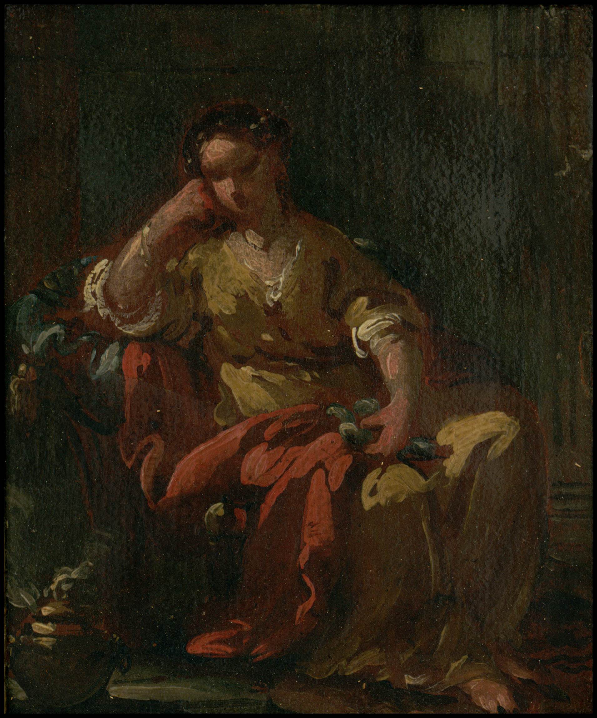 L'image représente une femme assise dans un fauteuil, plongée dans ses pensées. Elle porte une robe de couleur claire, et sa posture dénote une certaine mélancolie ou introspection. La lumière semble tamisée, créant une ambiance intime et chaleureuse. Les détails de l'environnement ne sont pas très prononcés, ce qui met l'accent sur l'émotion de la figure centrale. La palette de couleurs utilisée est douce, avec des nuances sombres et des touches éclairées qui accentuent le visage et les mains de la femme.
