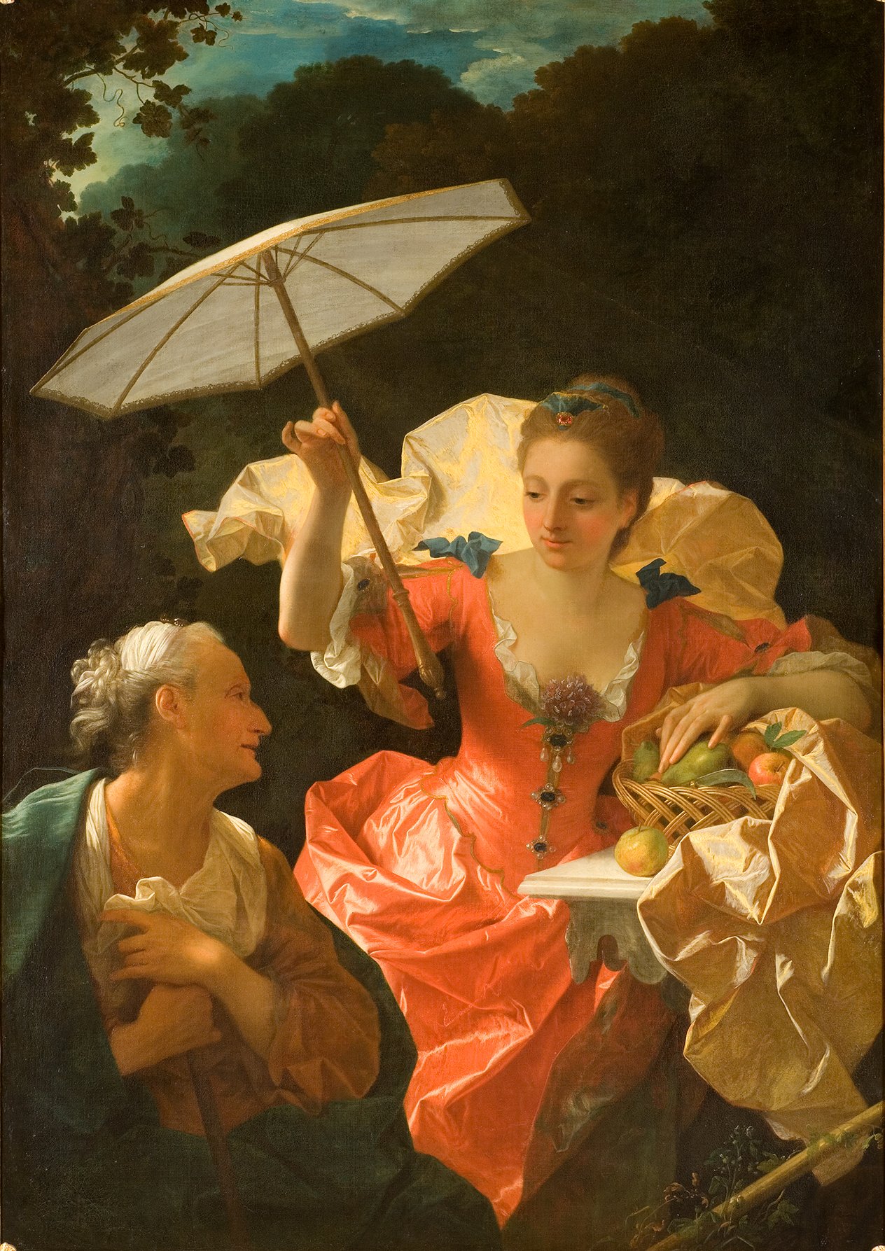 L'image représente une scène de deux femmes. La femme au premier plan, vêtue d'une robe rosée ornée de détails bleu, est assise avec un panier de fruits à ses côtés. Elle tient un parapluie au-dessus d'elle, ajoutant une touche de légèreté à la composition. À côté d'elle, une autre femme, plus âgée, regarde la première avec un sourire. Le fond présente une nature verdoyante, créant une atmosphère sereine. La lumière douce met en valeur les textures des vêtements et des fruits, rendant la scène vivante et joyeuse.