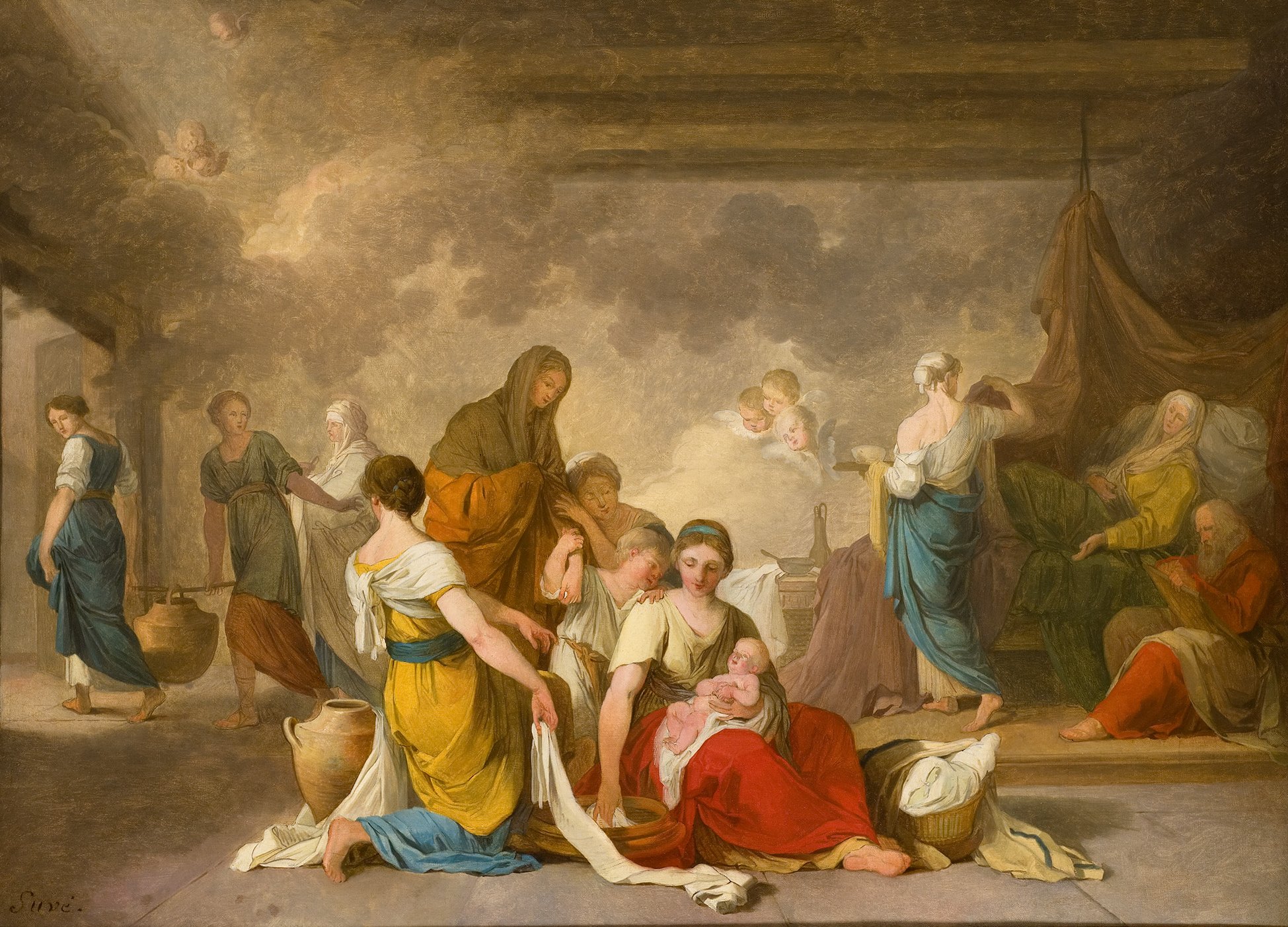 L'image représente une scène de genre vivant, probablement dans un cadre domestique. Plusieurs femmes sont rassemblées, certaines portant des enfants, tandis que d'autres s'activent autour d'eux. On peut voir des jarres et des draps au sol, suggérant un environnement de travail ou de soin. L'éclairage douce et les couleurs pastel créent une atmosphère chaleureuse et intime. En arrière-plan, d'autres figures féminines ajoutent à l'environnement, contribuant à l'impression de communauté et de soutien mutuel. L'ensemble dégage une sensation de vie quotidienne et de solidarité féminine.