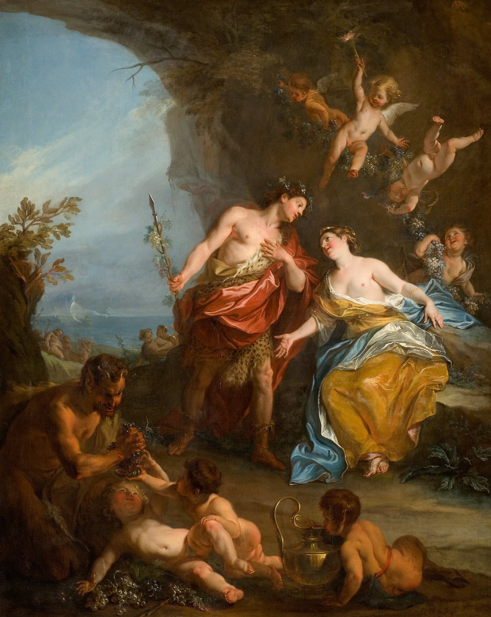 L'image représente une scène mythologique riche en couleurs et en détails. On y voit un homme et une femme au premier plan, symbolisant probablement des divinités. L'homme, vêtu d'une toge rouge et tenant un bâton, semble être en train de converser avec la femme, qui porte une robe lumineuse et est entourée de chérubins. Ceux-ci jouent autour d'eux, ajoutant une atmosphère joyeuse à la scène. En arrière-plan, on peut apercevoir un paysage marin et d'autres figures mitoyennes qui renforcent l'idée d'une célébration ou d'un événement festif. Le style est typique de la peinture baroque, avec des contrastes de lumière et des mouvements dynamiques.