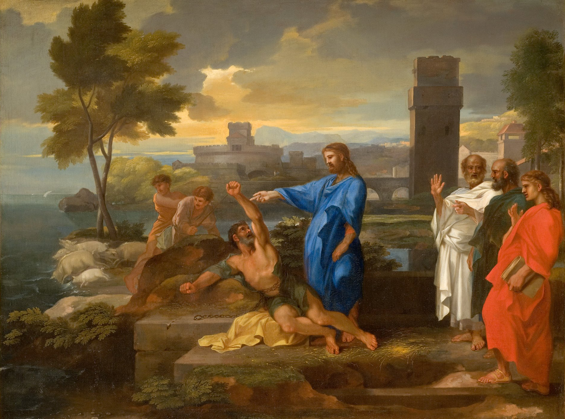 L'image représente un moment biblique où Jésus interagit avec un homme souffrant. On peut voir Jésus, vêtu d'une tunique bleue, tendant la main vers l'homme, qui semble être en détresse. En arrière-plan, il y a une nature verdoyante avec des arbres et des collines, ainsi qu'un château ou une structure architecturale. D'autres personnages, vêtus de vêtements traditionnels, observent la scène, montrant divers degrés de réaction. L'ensemble de l'œuvre évoque une atmosphère de compassion et de miracle.