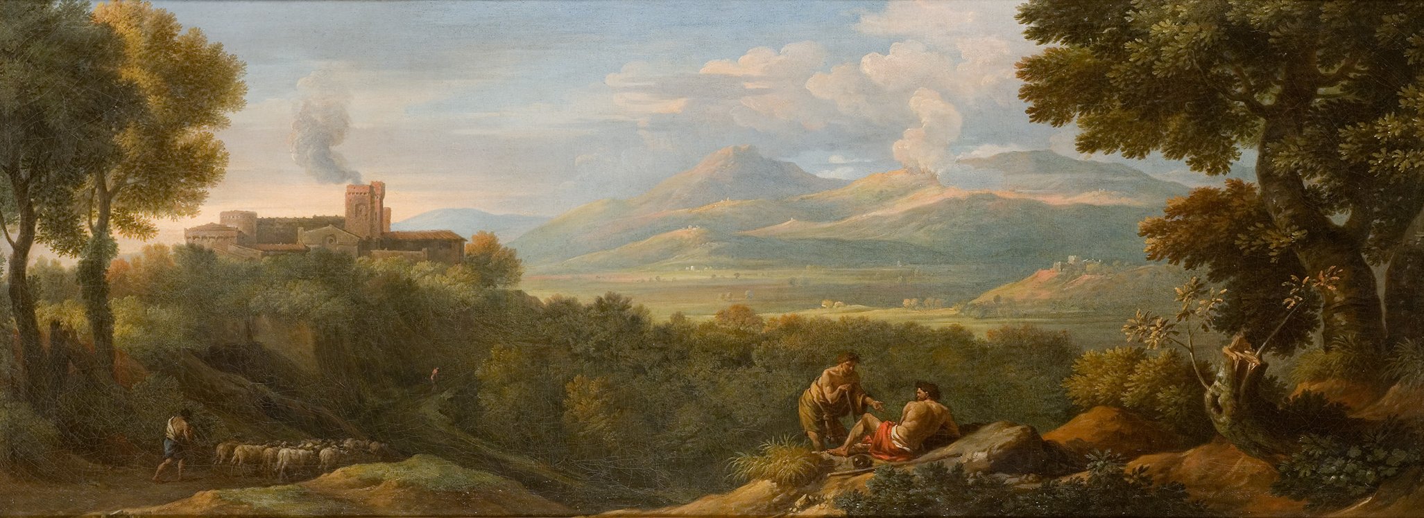 L'image représente un paysage naturel paisible, avec des montagnes en arrière-plan et une vallée verdoyante. Dans cette scène, deux figures humaines sont assises sur des rochers, discutant ou se reposant. On peut également voir un groupe de moutons paissant dans la partie inférieure. À gauche, un personnage semble marcher ou s'occuper des animaux. Au loin, un château ou une forteresse est visible, émergeant entre les arbres, avec des cheminées qui produisent de la fumée, suggérant une activité humaine. L'atmosphère générale est calme et sereine, avec des nuances douces de vert et des touches de bleu dans le ciel.