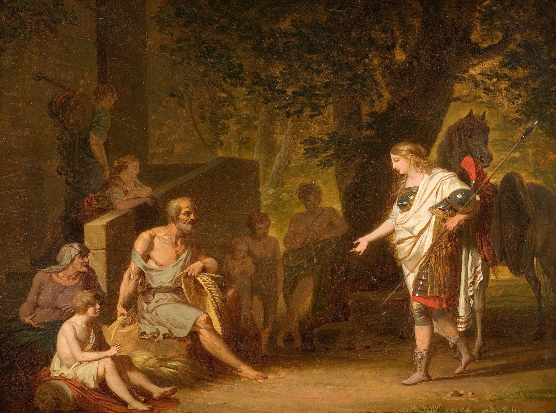 L'image représente une scène mythologique ou historique, où un personnage en armure, probablement un héros ou un dieu, interagit avec un groupe de personnes. Au premier plan, un homme âgé est assis, semblant attentif à la conversation, tandis qu'un jeune garçon est près de lui. Plusieurs autres figures, dont des femmes, observent la scène dans un environnement naturel, riche en verdure. La lumière joue un rôle important, créant une ambiance douce et dramatique, accentuant l'interaction entre les personnages. Les détails dans les costumes et le décor suggèrent une époque antique.