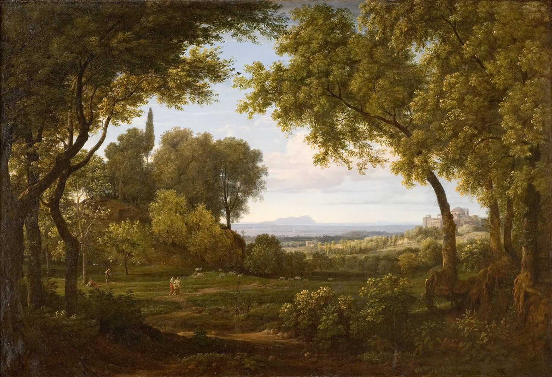 L'image représente un paysage paisible et bucolique. On y voit une scène naturelle avec des arbres feuillus qui encadrent le tableau. Au premier plan, des personnes sont engagées dans des activités agricoles ou de loisirs. À l'arrière-plan, des collines s'étendent, et on peut apercevoir une ville ou un village sur une colline, ce qui ajoute une dimension supplémentaire au paysage. Le ciel est clair, parsemé de nuages légers, et la lumière douce semble évoquer une atmosphère sereine et harmonieuse.