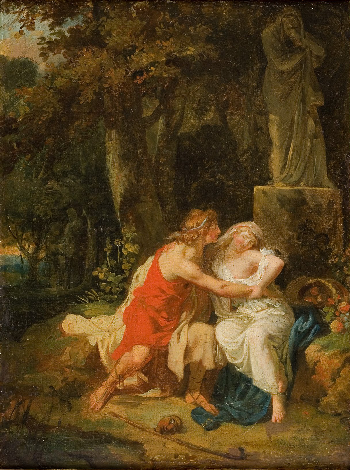 Cette image représente une scène romantique en plein air, où deux personnages sont mis en avant. L'homme, vêtu d'une draperie rouge, semble exprimer une affection envers une femme qui porte une robe blanche. Ils sont entourés d'une atmosphère naturelle, avec des arbres et une statue en arrière-plan. La composition suggère une tendresse et une intimité, accentuées par les couleurs chaudes et l'éclairage doux. Des éléments de nature, comme des fleurs et des fruits, ajoutent à l'harmonie de la scène.
