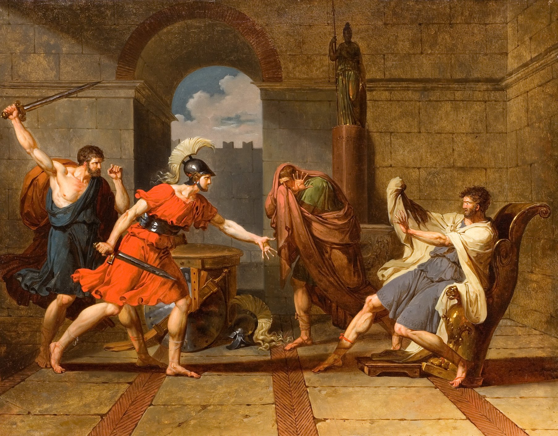 L'image représente une scène historique ou mythologique intense. On peut voir plusieurs personnages, dont un homme en armure avec un casque et une tunique rouge, qui semble s'adresser à un autre individu assis, probablement un roi ou un dignitaire. Ce dernier est vêtu d'une toge et a l'air surpris ou choqué. Les autres personnages, habillés de manière traditionnelle, semblent d'un côté agités. L'environnement est architectural avec des murs en pierre et une arcade, suggérant un cadre ancien. Une statue se trouve en arrière-plan, ajoutant à l'atmosphère historique de la scène.