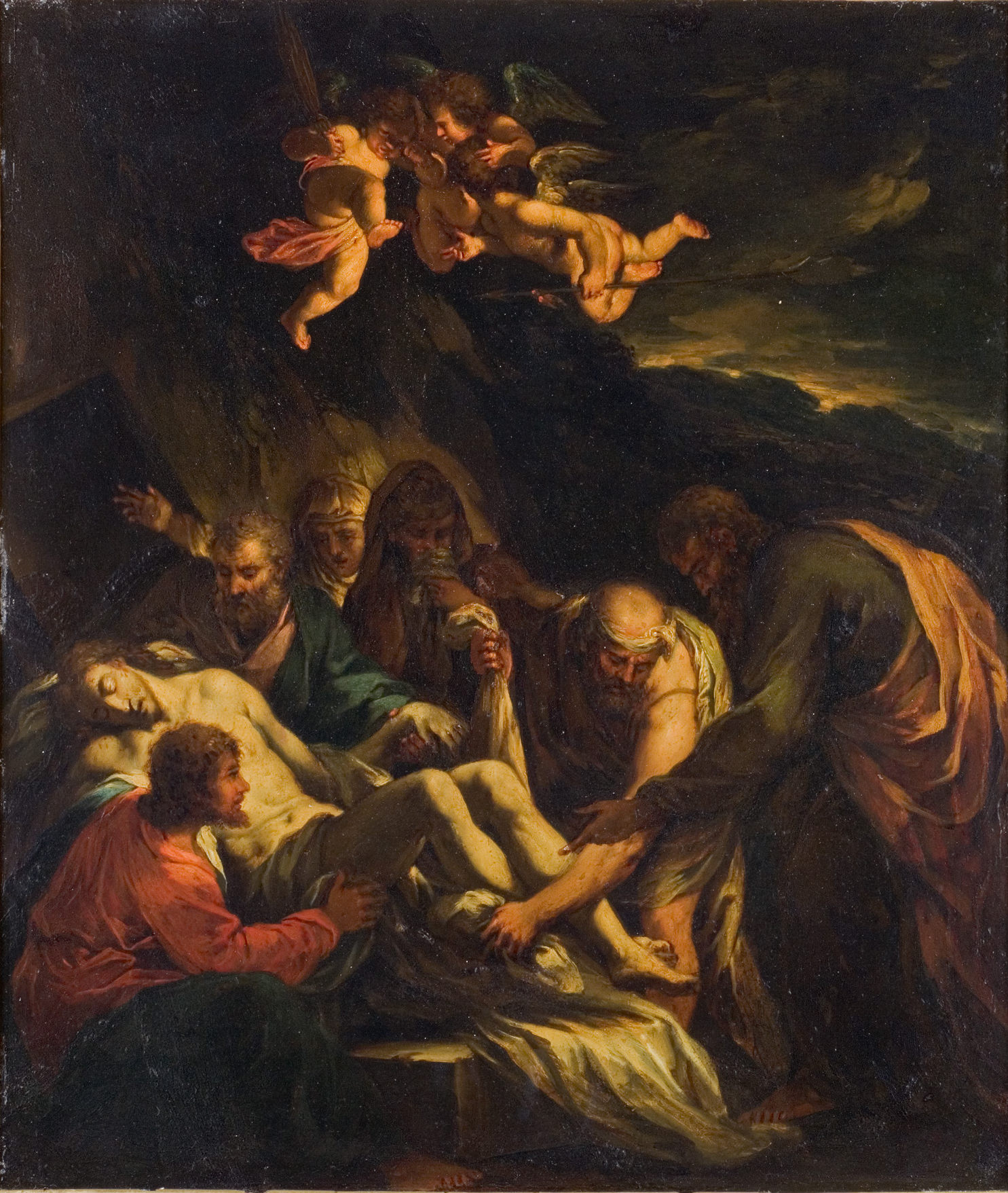 L'image représente une scène dramatique avec des figures humaines autour d'un corps. On peut voir des personnages en mouvement, exprimant une grande tristesse ou une intense compassion. Au centre, un corps semble être enlevé ou entouré de manière solennelle. Dans le ciel, deux anges volent, ajoutant une dimension spirituelle à la scène. Les couleurs sont sombres, créant une atmosphère mélancolique, tandis que la lumière met en avant les figures humaines, soulignant leurs expressions et leurs gestes.