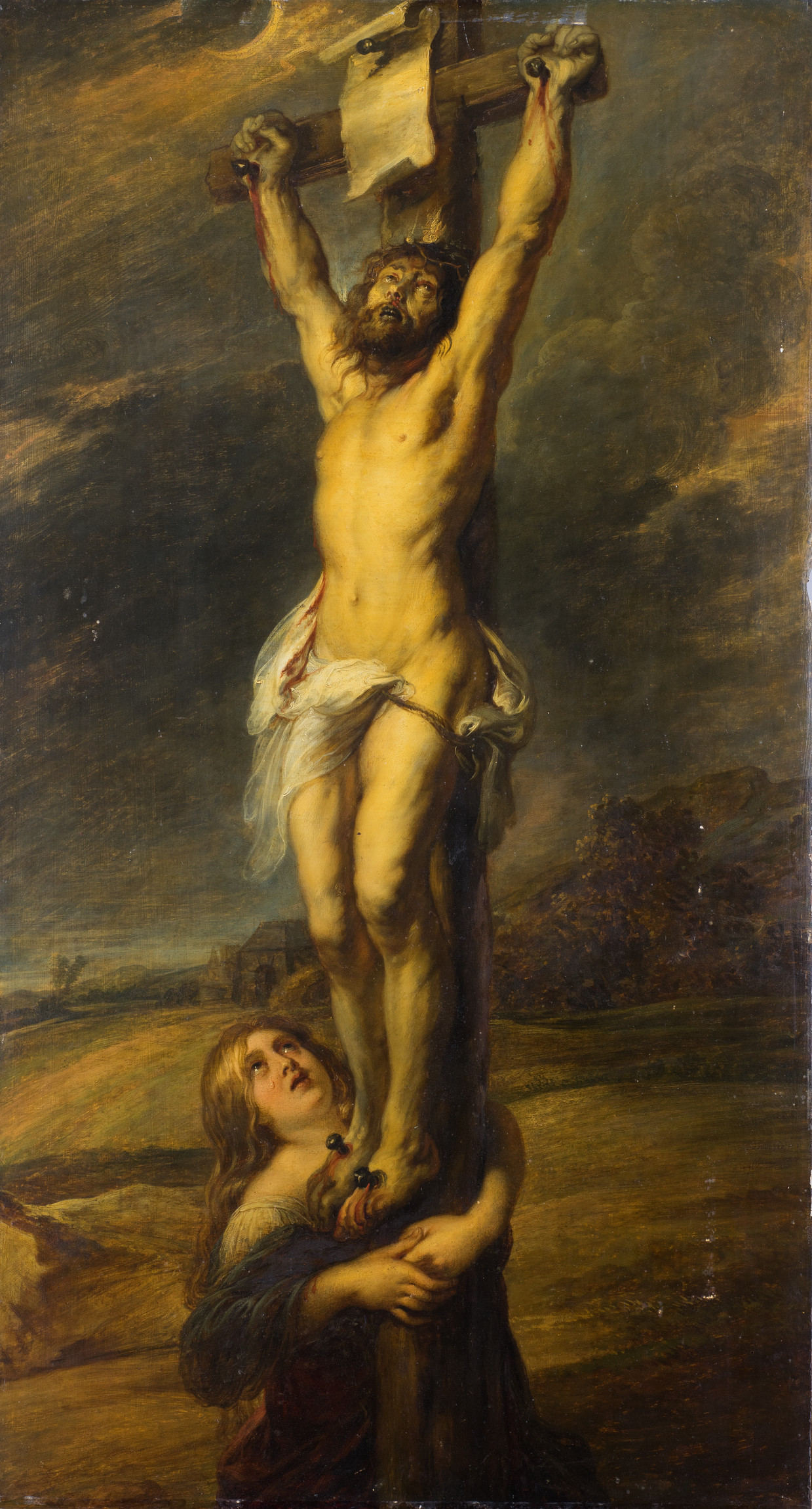 Cette image représente une scène de la crucifixion de Jésus-Christ. Il est suspendu à une croix, le corps exposé, et son visage exprime la souffrance. En bas de la croix se trouve une femme, vraisemblablement Marie Madeleine, qui le regarde avec des sentiments de désespoir et de douleur. L'arrière-plan évoque un paysage sombre et dramatique, ajoutant une atmosphère poignante à l'œuvre. Les couleurs sont riches et contrastées, soulignant l'intensité émotionnelle de la scène.