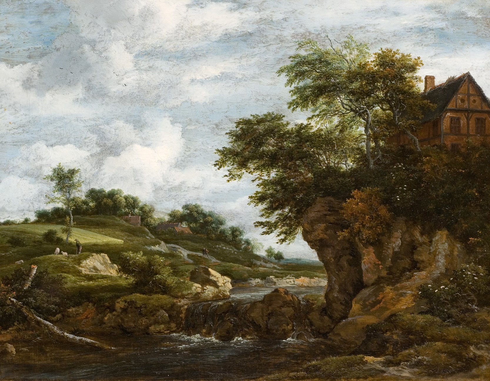 L'image représente un paysage naturel typique, caractérisé par une rivière qui serpente à travers la scène. Sur la droite, on aperçoit une maison charmante perchée sur une colline, entourée d'arbres verdoyants. À gauche, des personnages se trouvent au milieu de la verdure, tandis que des collines ondulées s'étendent à l'arrière-plan. Le ciel est parsemé de nuages, créant une atmosphère paisible et bucolique.