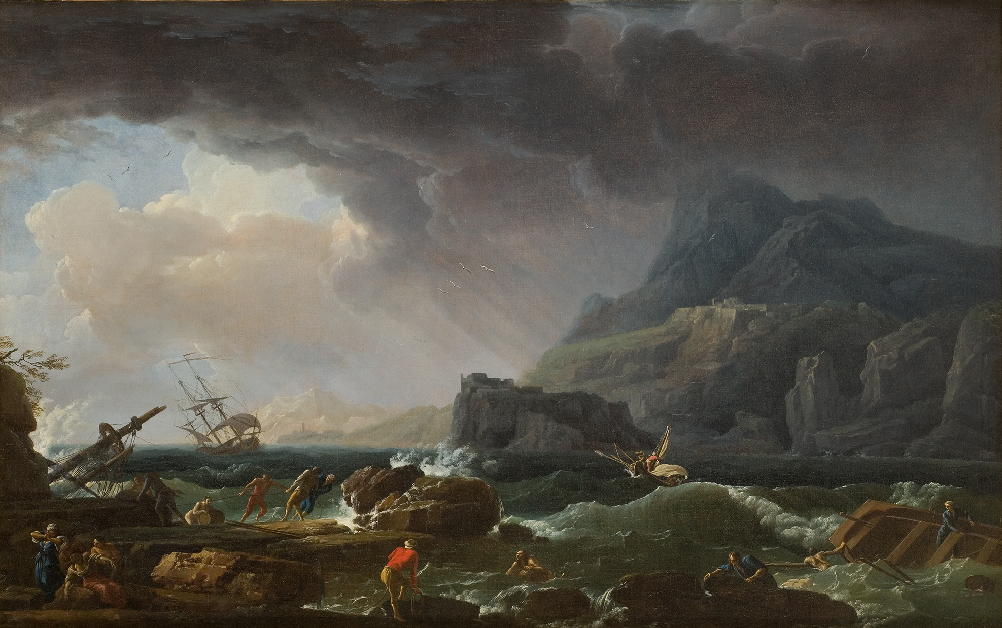 L'image représente une scène dramatique d'une tempête en mer. On peut voir des vagues houleuses qui s'agitent contre des rochers, tandis que plusieurs personnages luttent contre les éléments, tentant de se sauver ou de secourir d'autres. Au loin, un navire est en train de faire naufrage, tandis qu'une sombre masse de nuages se profile au-dessus de la scène, ajoutant une atmosphère de tension. Des montagnes se dressent à l'arrière-plan, accentuant la sauvagerie de la nature. L'ensemble évoque des thèmes de lutte et de survie face aux forces naturelles.