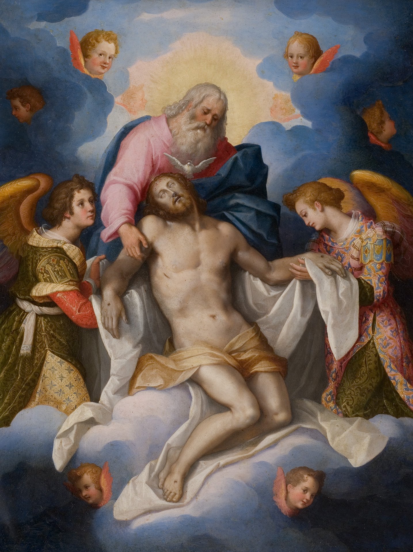 L'image représente une scène religieuse intitulée "La Déposition de croix" ou une scène similaire, montrant une figure divine au centre, probablement Dieu le Père, avec des anges de part et d'autre. Le Christ, représenté sans vie, est placé sur un drap, tandis que des figures angéliques entourent la scène, ajoutant une atmosphère céleste. Le fond est composé de nuages, et des visages d'anges apparaissent, soulignant le caractère spirituel de l'œuvre. Les couleurs sont richement utilisées, créant une ambiance à la fois tragique et sacrée.