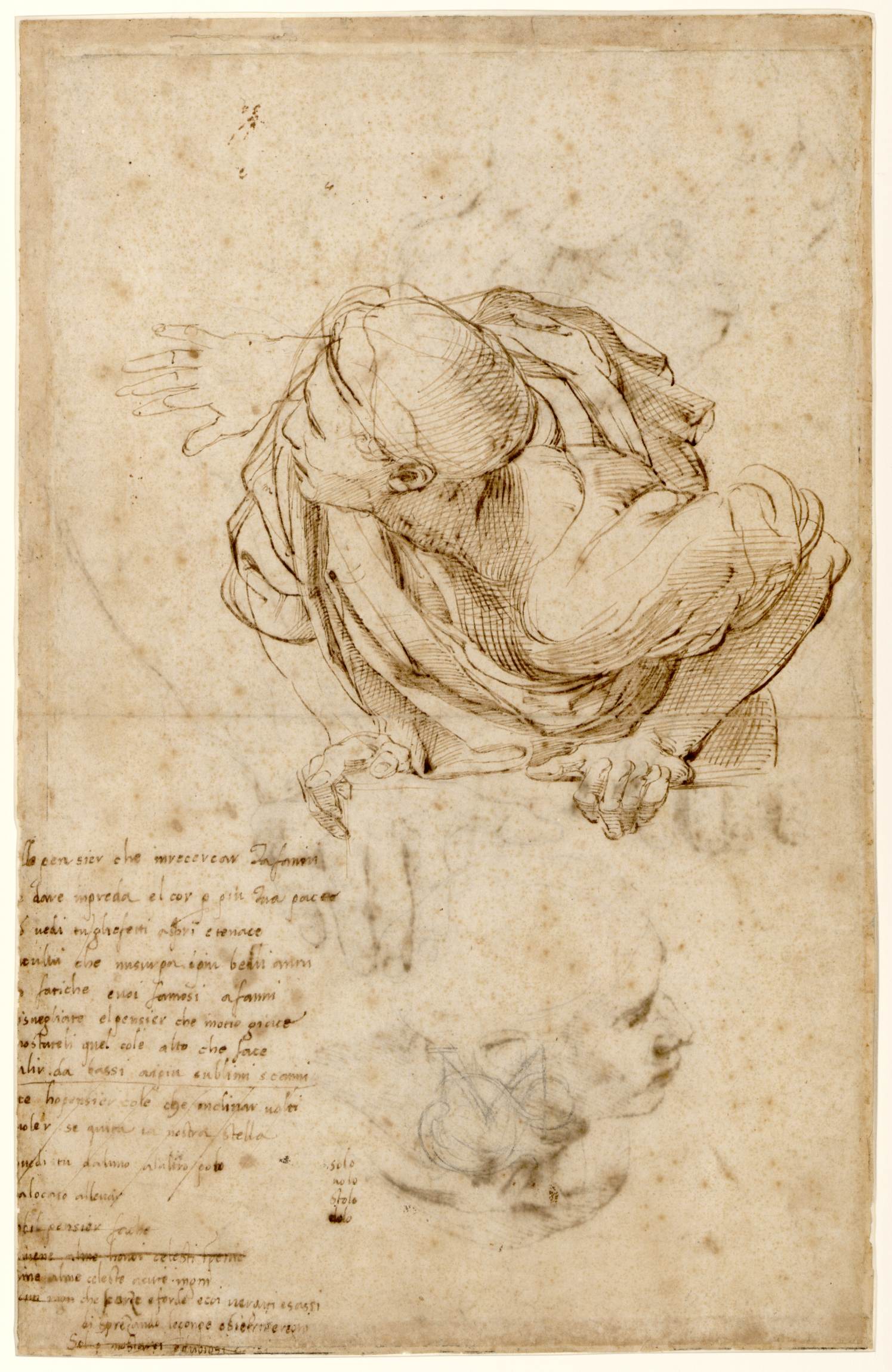 L'image représente un dessin en noir et blanc, probablement réalisé à l'encre, d'un homme barbu avec une posture expressive. Il semble penché en avant, comme s'il interagissait avec quelque chose en dehors du cadre. Les contours sont détaillés, mettant en valeur les muscles et les plis de ses vêtements. En dessous de cette figure principale, on trouve un croquis supplémentaire, peut-être d'un visage, accompagné de notes manuscrites. L'ensemble dégage une impression de mouvement et de concentration, typique des études artistiques de la Renaissance.