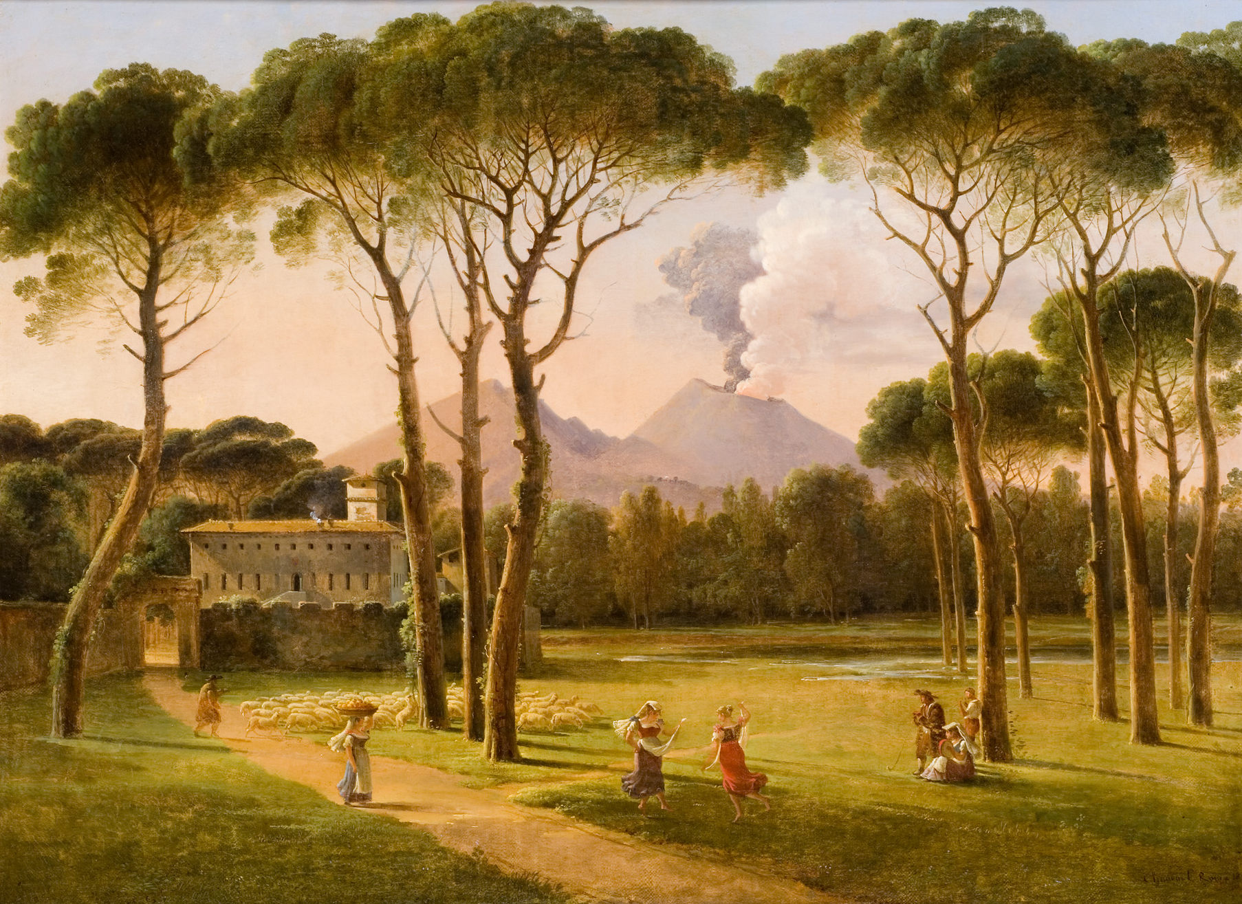 L'image représente un paysage bucolique avec des arbres majestueux, probablement des pins, encadrant une scène rurale. Au premier plan, on peut voir des personnages en train de danser ou de s'amuser, tandis que d'autres s'occupent de moutons. En arrière-plan, on distingue des montagnes, dont l'une semble émettre de la fumée, suggérant la présence d'un volcan. La lumière douce de l'aurore ou du crépuscule illumine légèrement le paysage, ajoutant une atmosphère sereine à la composition. Un bâtiment ancien est également visible, renforçant le charme de cette scène paisible.