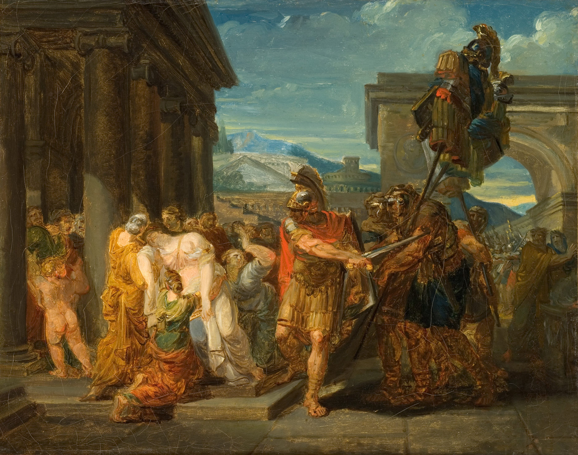 L'image représente une scène historique ou mythologique dans un cadre architectural ancien. Au premier plan, un groupe de personnages, dont des soldats et des citoyens, interagit dans une ambiance dramatique. Certains personnages sont vêtus de toges ou d'armures, ce qui évoque une époque classique, probablement romaine ou grecque. Le décor comprend des colonnes et des bâtiments majestueux, tandis que l'arrière-plan montre un paysage avec des montagnes et un ciel nuageux. L'œuvre dégage une sensation de mouvement et d'émotion, illustrant un moment clé de l'histoire ou de la mythologie.