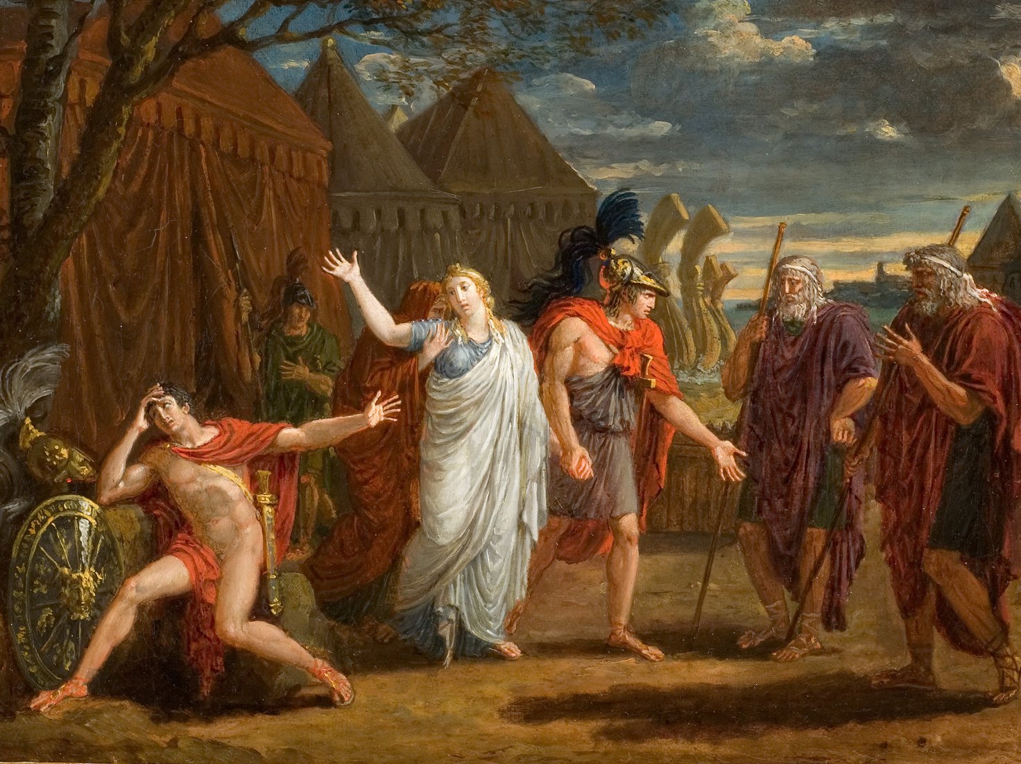 L'image représente une scène historique ou mythologique, avec plusieurs personnages en tenue antique. Au centre, une femme en habits majestueux semble exprimer une forte émotion, probablement la douleur ou la supplication. À sa gauche, un homme en armure, probablement un guerrier, montre une posture d'inquiétude ou de réflexion. En arrière-plan, des tentes militaires et des soldats se tiennent, ajoutant une ambiance de tension ou de conflit. La lumière est dramatique, avec des nuages sombres dans le ciel, ce qui contribue à l'atmosphère générale de la scène.