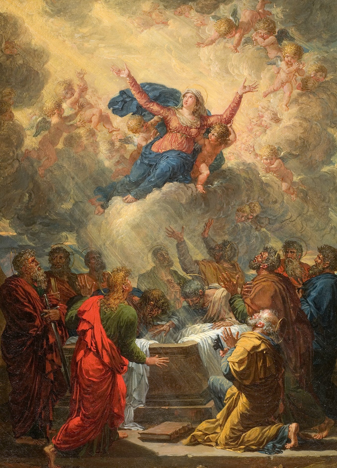 L'image représente une scène religieuse spectaculaire. Au centre, une figure féminine, probablement la Vierge Marie, est élevée dans les cieux, entourée d'anges. Son corps est enveloppé dans des nuages lumineux. En dessous, un groupe de personnages, vêtu de robes colorées, semble adorer ou prier. Leurs expressions varient entre la vénération et la stupeur. Les couleurs sont riches et vibrantes, avec une lumière éclatante qui accentue l'aspect céleste de la scène. Le fond est rempli de nuages dorés, créant une atmosphère à la fois divine et mystique.