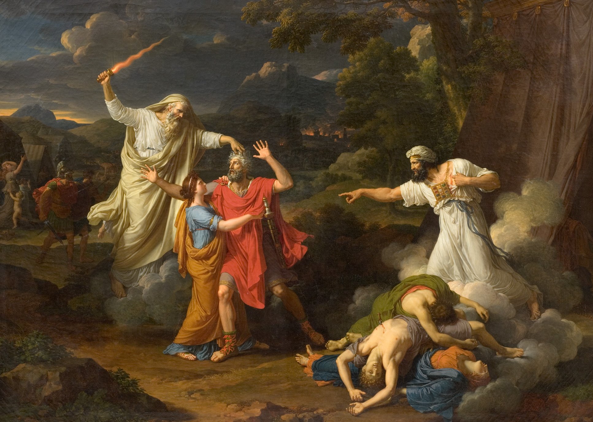 L'image illustre une scène dramatique, probablement inspirée de la mythologie ou de l'histoire ancienne. On y voit des figures habillées de tuniques, avec des expressions intensément émotionnelles. Au centre, une figure majestueuse semble exercer une autorité, brandissant un éclair ou un objet lumineux. Cette figure est entourée de personnages, certains en posture de supplication, tandis que d'autres semblent effrayés ou désespérés. En arrière-plan, on peut apercevoir un paysage dramatique, avec une atmosphère sombre et des éléments naturels qui ajoutent à l'intensité de la scène. L'ensemble évoque un moment de grande tension et de conflit.