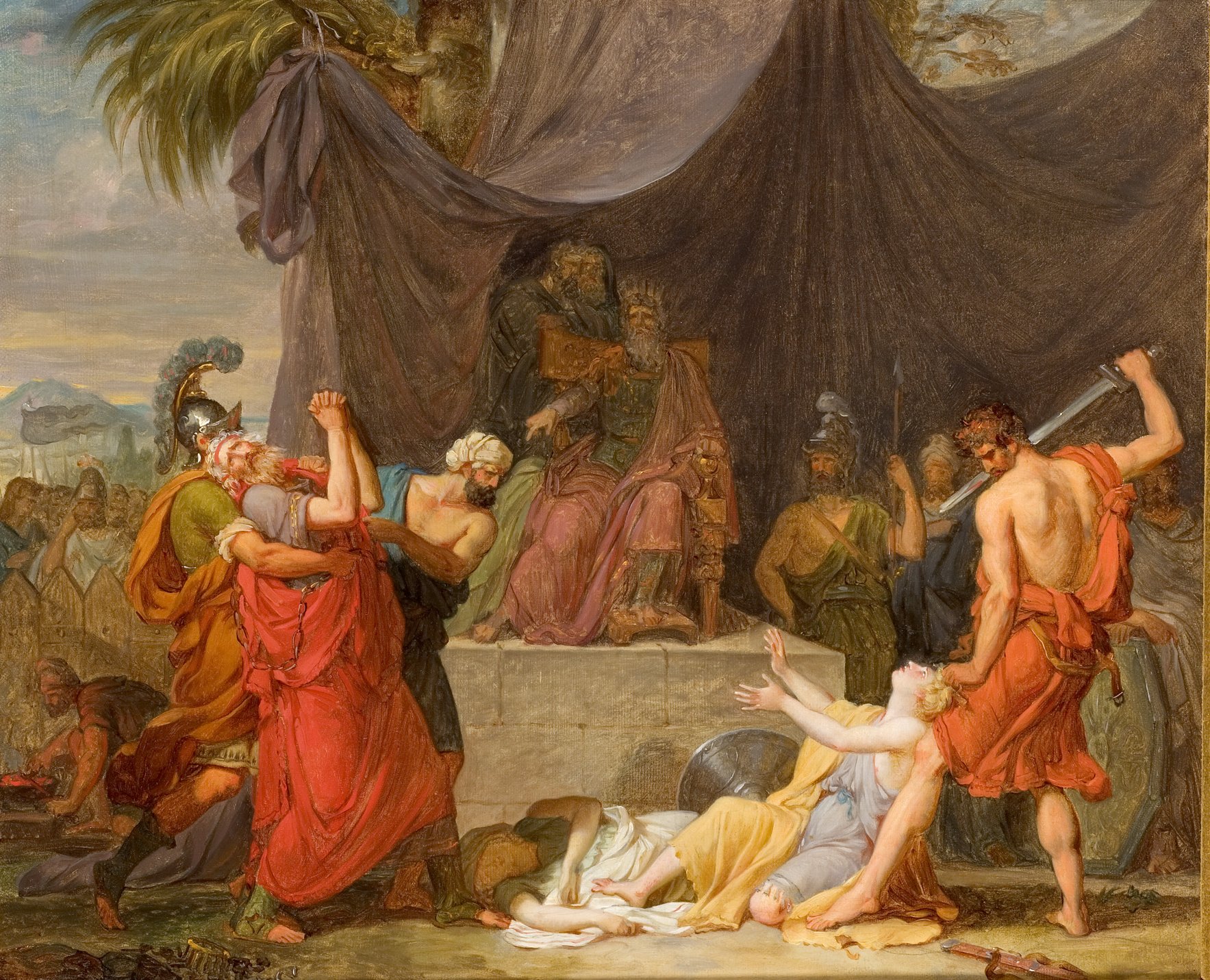 L'image représente une scène dramatique et historique. Au premier plan, on voit des personnages en costumes d'époque, dont certains semblent être en train de se battre ou de se confronter. En arrière-plan, plusieurs figures sont assises, probablement dans une position de jugement ou d'autorité. Le décor est riche, avec des drapés sombres qui créent une atmosphère intense. Des détails sur les expressions faciales et les postures suggèrent une tension et des émotions fortes dans cette composition. L'ensemble évoque un moment clé d'un récit épique, plein de conflits et de dilemmes moraux.