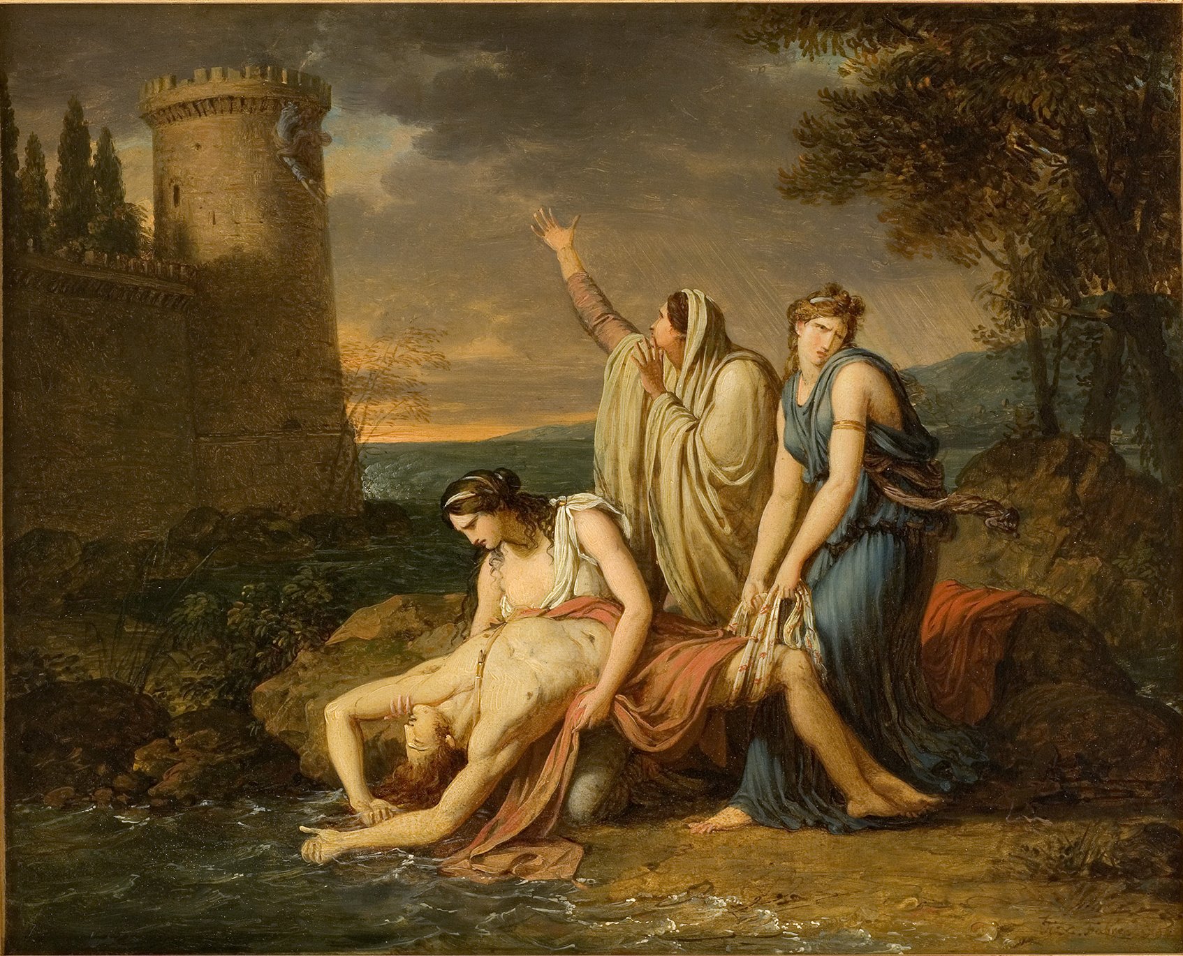 L'image représente une scène dramatique avec plusieurs personnages au bord de l'eau. À gauche, une femme semble penchée sur un homme allongé, probablement blessé ou mort. Elle exprime de la tristesse et de l'inquiétude. À droite, une autre femme, vêtue d'une robe classique, soutient le corps de l'homme, tandis qu'une troisième figure, en arrière-plan, lève les bras comme si elle appelait à l'aide ou exprimait une grande émotion. En arrière-plan, on peut voir une tour au style architectural ancien, ajoutant à l'atmosphère dramatique de la scène, avec un ciel nuageux qui suggère un climat orageux ou chaotique. L'ensemble évoque des thèmes de perte, de chagrin et de désespoir.