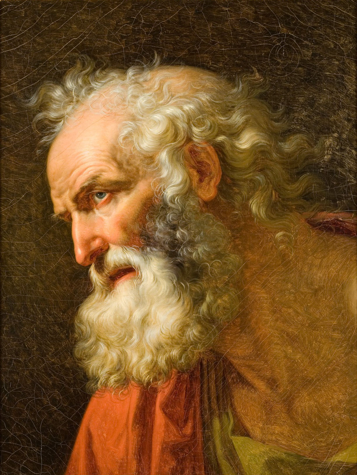 L'image représente un homme âgé avec une longue barbe blanche et des cheveux grisonnants. Il a une expression profonde et pensive, tournant la tête légèrement sur le côté. Ses yeux sont d'un bleu éclatant, mettant en avant une certaine sagesse et intensité. Le fond est sombre, ce qui fait ressortir les traits de son visage et les détails de sa chevelure. L'homme porte une tunique rouge, ajoutant une touche de couleur à l'ensemble de la composition.