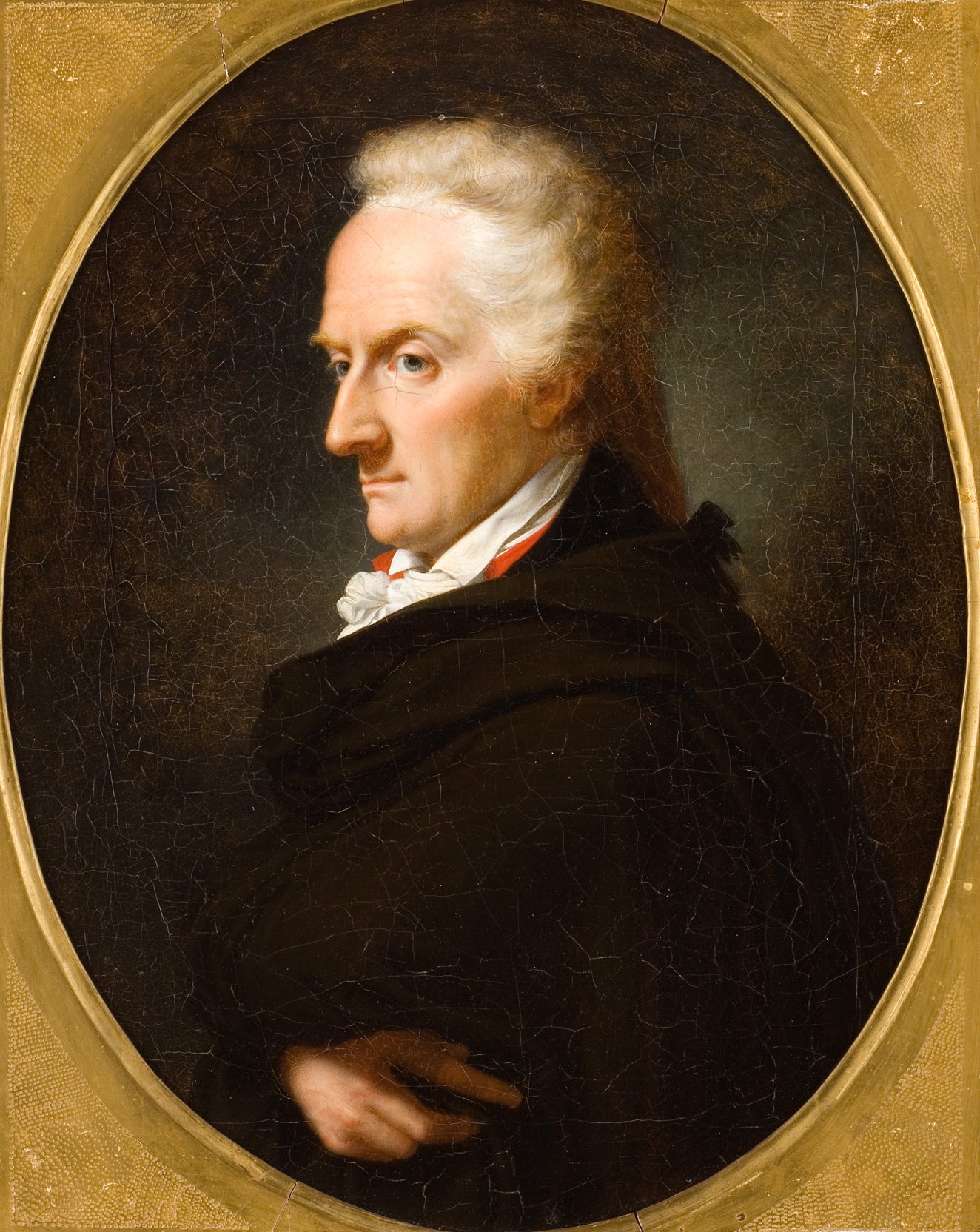 L'image représente un portrait d'un homme en profile. Il a des cheveux blancs, peignés en arrière, et porte un habit sombre, avec une chemise blanche et un nœud papillon rouge. Son expression est sérieuse et réfléchie, et on peut distinguer des détails au niveau de son visage, comme un nez prononcé et des traits importants. Le fond est sombre, ce qui met en valeur le personnage au premier plan. Le tout est encadré d'une bordure dorée qui accentue le caractère formel du portrait.