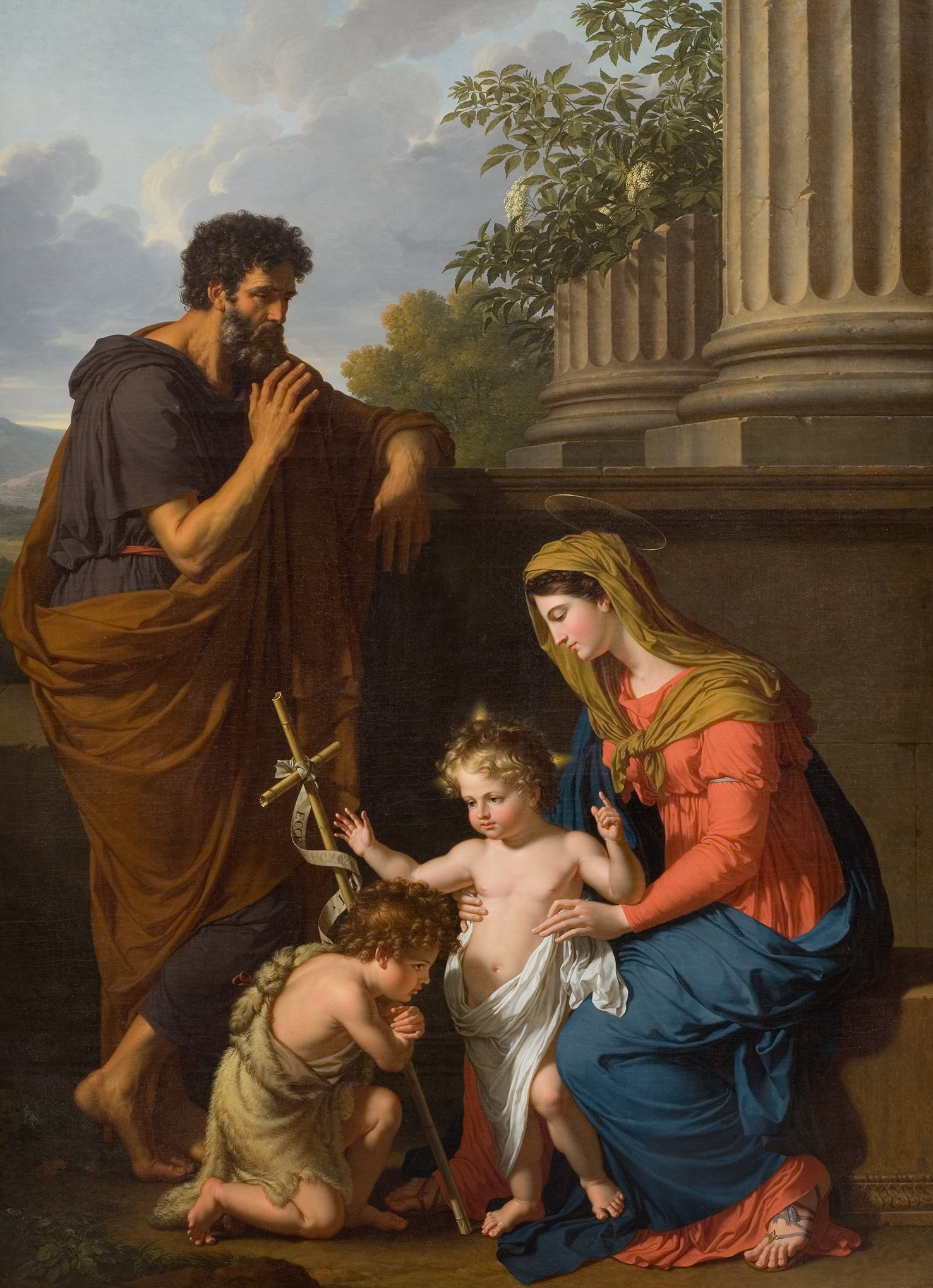 L'image représente une scène religieuse classique, probablement inspirée par des thèmes chrétiens. On y voit plusieurs personnages : - Au centre, une femme portant des vêtements historiques, généralement identifiée comme la Vierge Marie, qui s'occupe d'un enfant nu. L'enfant, souvent interprété comme le Christ, est représenté de manière innocente et angélique. - Un jeune garçon, près de la Vierge, semble également interagir avec le bébé, ajoutant une notion de tendresse à la scène. - En arrière-plan, un homme barbu, souvent représenté comme Saint Joseph ou un sage, se tient pensif, ce qui ajoute une dimension de contemplation à l'œuvre. L'ensemble est généralement baigné dans une lumière douce, avec une nature luxuriant à l'arrière-plan, et les personnages sont habillés de manière riche, soulignant leur importance. Les colonnes en pierre ajoutent un sentiment de grandeur à la composition.