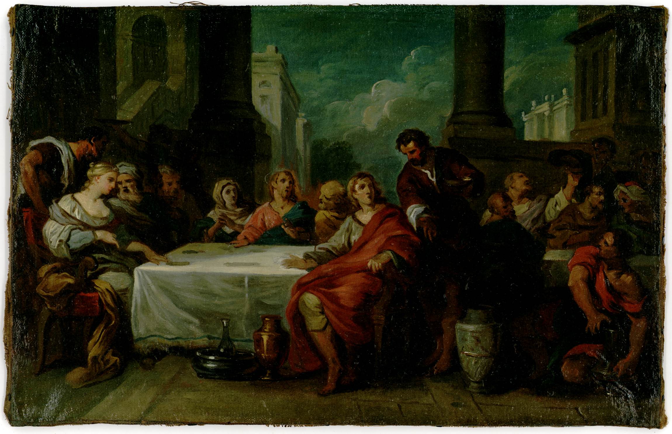 Cette image représente une scène de groupe animée, probablement une réunion ou un banquet. Au centre, plusieurs personnages sont assis autour d'une grande table recouverte d'une nappe blanche. Les vêtements des personnages sont variés, avec des touches de couleurs vives et des drapés qui ajoutent à la richesse de la composition. On peut également voir des détails architecturaux en arrière-plan, suggérant un environnement extérieur. L'atmosphère générale est conviviale, avec des expressions qui montrent de l'intérêt et de l'engagement entre les participants. Les ombres et la lumière créent une profondeur, rendant la scène vivante.