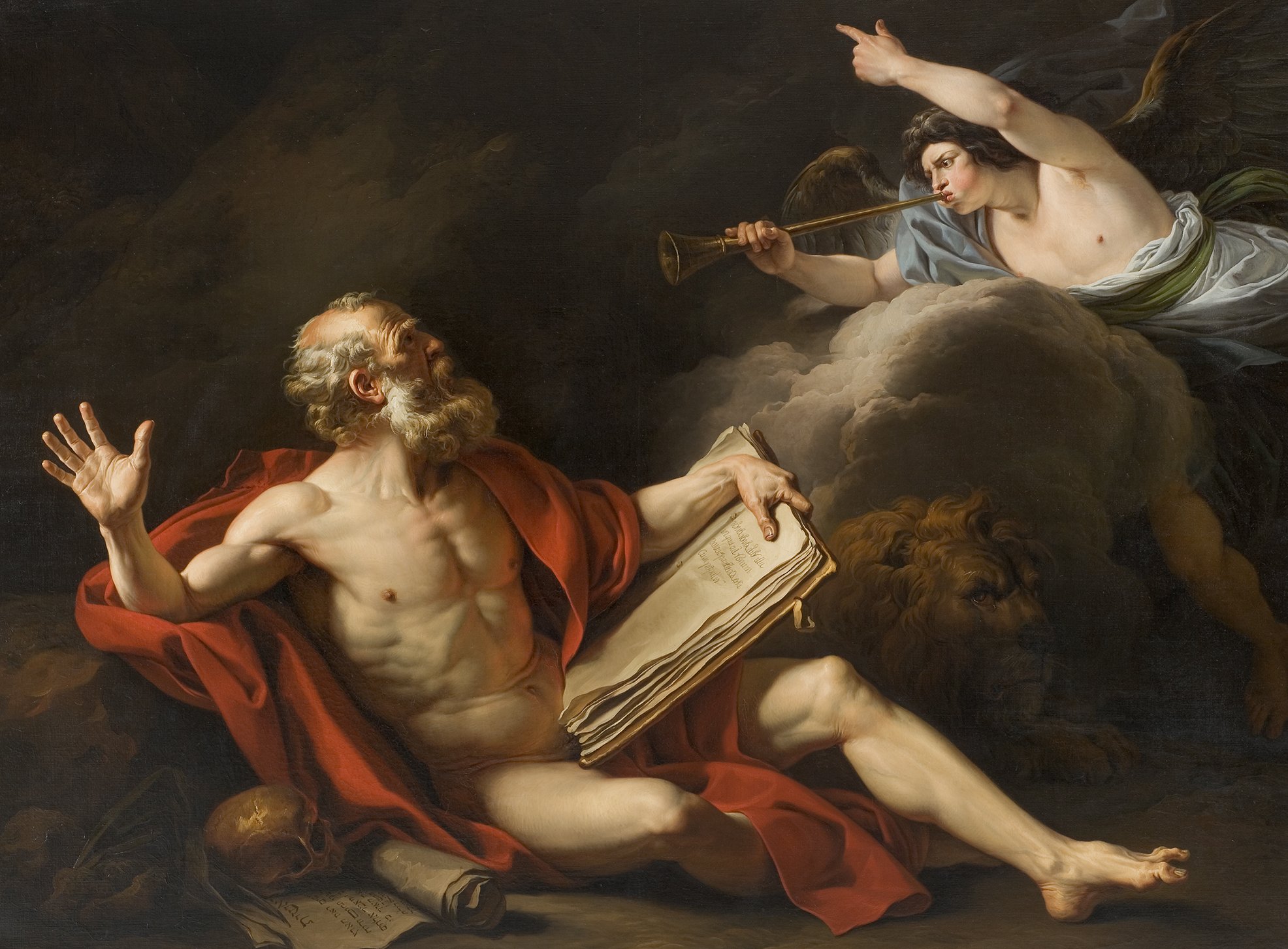L'image représente une scène dramatique avec un vieil homme, probablement Saint Jérôme, assis dans une position expressive. Il est nu, à l'exception d'un drap rouge drapé sur ses hanches. Il semble surpris ou alarmé par l'apparition d'un ange qui lui fait signe, tenant une trompette. L'ange est enveloppé de nuages, ajoutant une touche mystique à la composition. À côté de Jérôme, on peut voir des rouleaux de parchemin et un lion, symbolisant sa connexion avec la sagesse et la foi. L'éclairage est riche et contrasté, accentuant les détails des figures et créant une atmosphère lourde d'émotion.