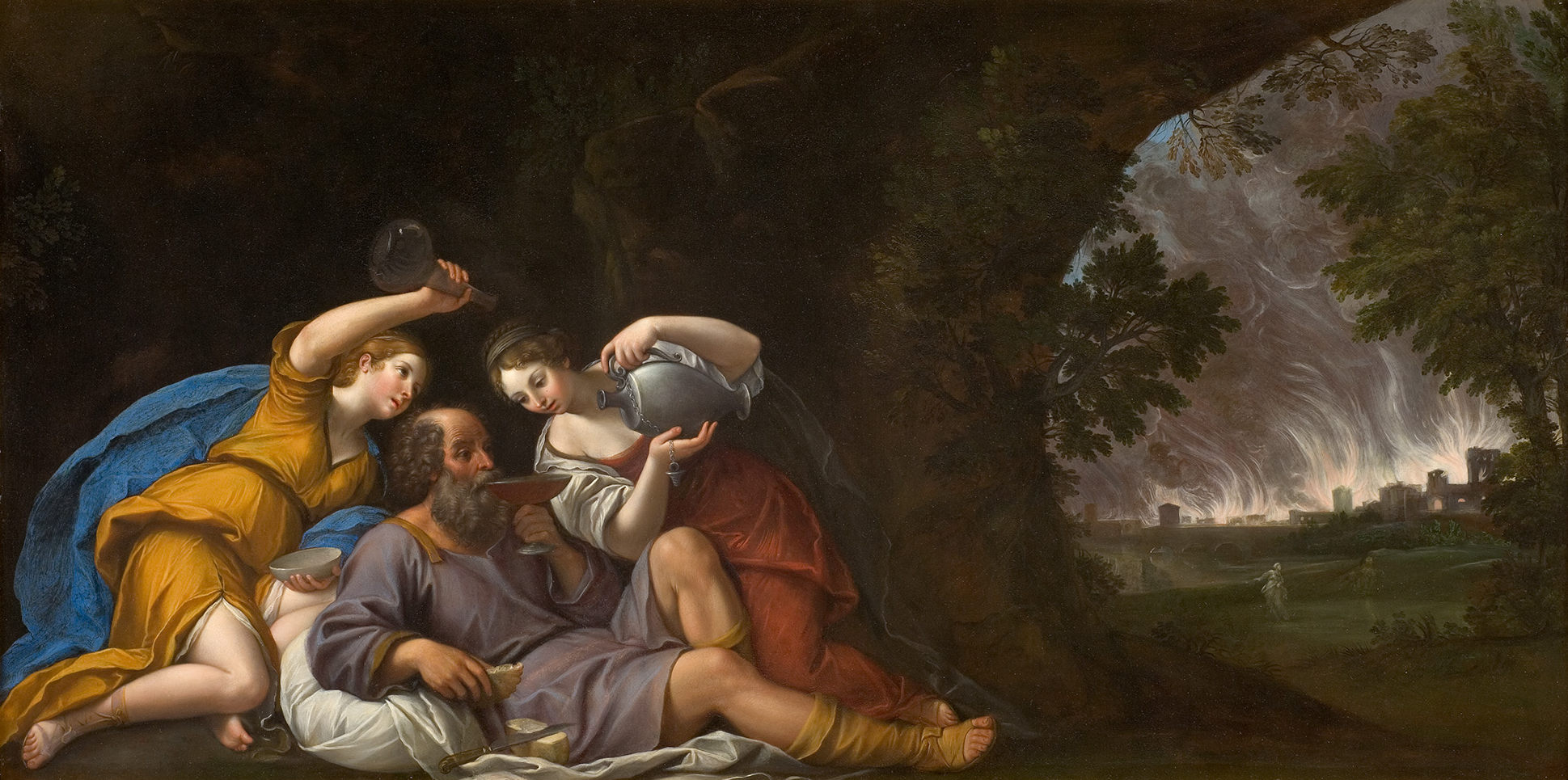 Cette image représente une scène dramatique où deux figures féminines, vêtues de drapés colorés, se penchent vers un personnage masculin. Ils semblent s'inquiéter, observant apparemment un événement troublant à l'extérieur. Le fond montre une ville en flammes, suggérant une catastrophe imminente. L'ensemble de la composition dégage une atmosphère de tension et d'urgence, créant un contraste entre l'intimité du groupe au premier plan et le chaos visible à l'arrière-plan. La lumière et les ombres sont habilement utilisées pour accentuer les expressions des personnages.