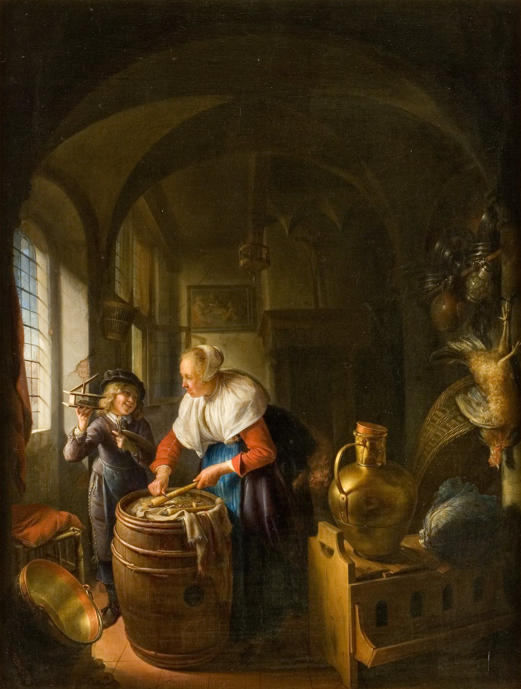 L'image représente une scène intérieure chaleureuse, où deux personnages se trouvent dans une pièce avec des murs sombres et des fenêtres laissant passer la lumière. Une femme âgée, occupée à préparer quelque chose dans un grand baril en bois, est entourée d'objets du quotidien. À ses côtés, un jeune garçon semble jouer d'une flûte, apportant une ambiance joyeuse à la scène. On peut également apercevoir des ustensiles de cuisine, des pots et d'autres éléments décoratifs, soulignant l'aspect domestique et convivial de l'environnement. L'éclairage met en valeur les textures et crée une atmosphère intime.