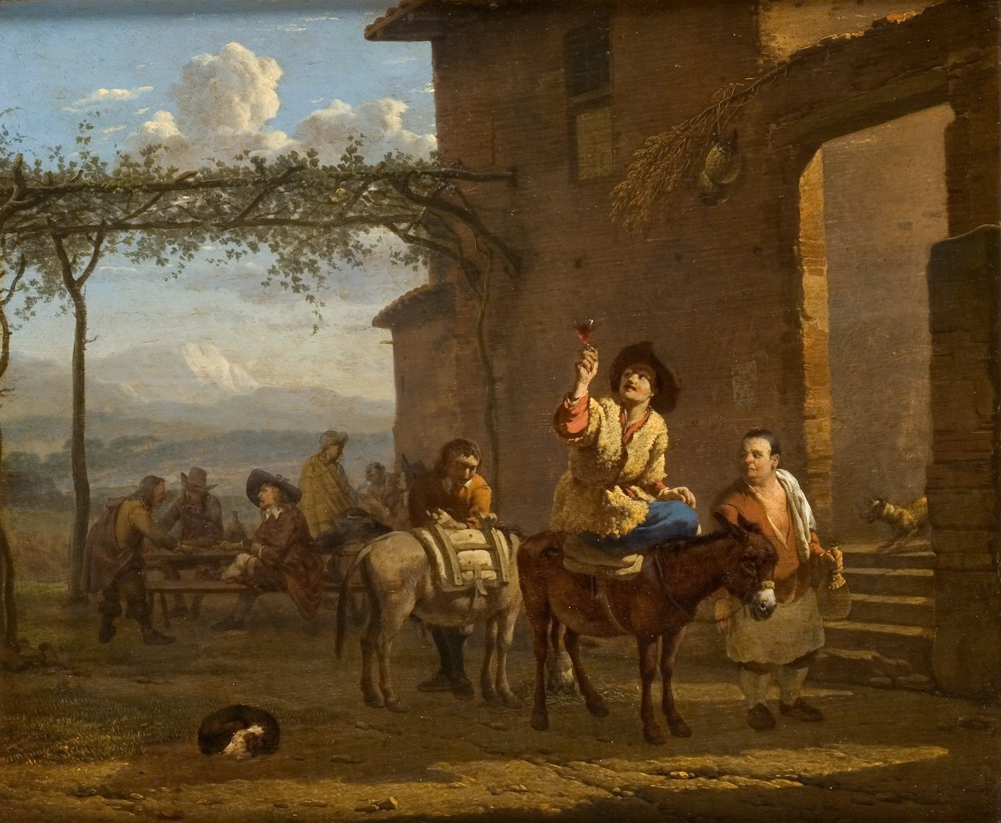 Cette image représente une scène rurale animée, typique de l'art du XVIIe siècle. On y voit un homme monté sur un âne, habillé d'un manteau coloré, levant un verre en l'air avec un sourire. À côté de lui, une femme, probablement une paysanne, le regarde avec curiosité. En arrière-plan, plusieurs personnages sont assis autour d'une table, tandis que d'autres se déplacent, créant une atmosphère de convivialité. La lumière douce et les éléments naturels, comme les arbres et les montagnes lointaines, ajoutent une touche de tranquillité à la scène.