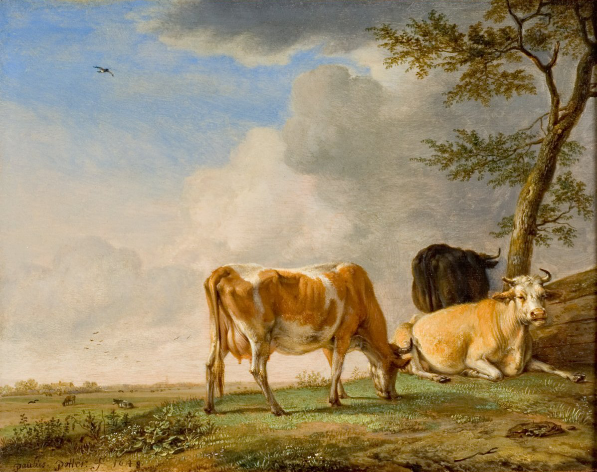 L'image représente un paysage pastoral avec des vaches, typique de la peinture rurale. On voit deux vaches au premier plan, l'une brune et l'autre blanche, paisant tranquillement sur une pelouse verdoyante. En arrière-plan, on aperçoit une troisième vache noire. Le ciel est légèrement nuageux, avec des nuances de bleu et des touches de lumière, créant une ambiance calme et sereine. Des arbres se dressent à côté des animaux, ajoutant à l'atmosphère naturelle de la scène.