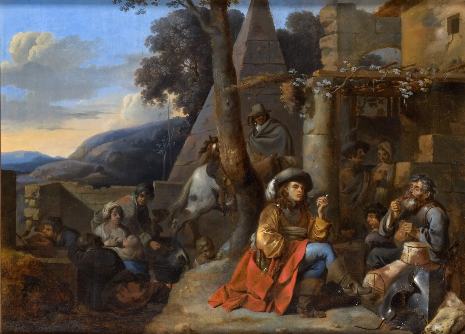 L'image représente une scène de village animée, probablement inspirée d'un tableau ancien. Au premier plan, un homme en costume flamboyant est assis, captivé par un récit ou une conversation, tenant un cigare. À proximité, un autre homme, vêtu de façon plus modeste, semble écouter attentivement. En arrière-plan, plusieurs figures sont dispersées, dont une femme avec un enfant, ainsi que d'autres personnages qui semblent discuter ou vaquer à leurs occupations quotidiennes. On aperçoit également des éléments de la nature, tels que des arbres et des collines à l'horizon, ajoutant une ambiance paisible à la scène. La lumière douce et les couleurs chaudes accentuent la convivialité de cette vie de village.