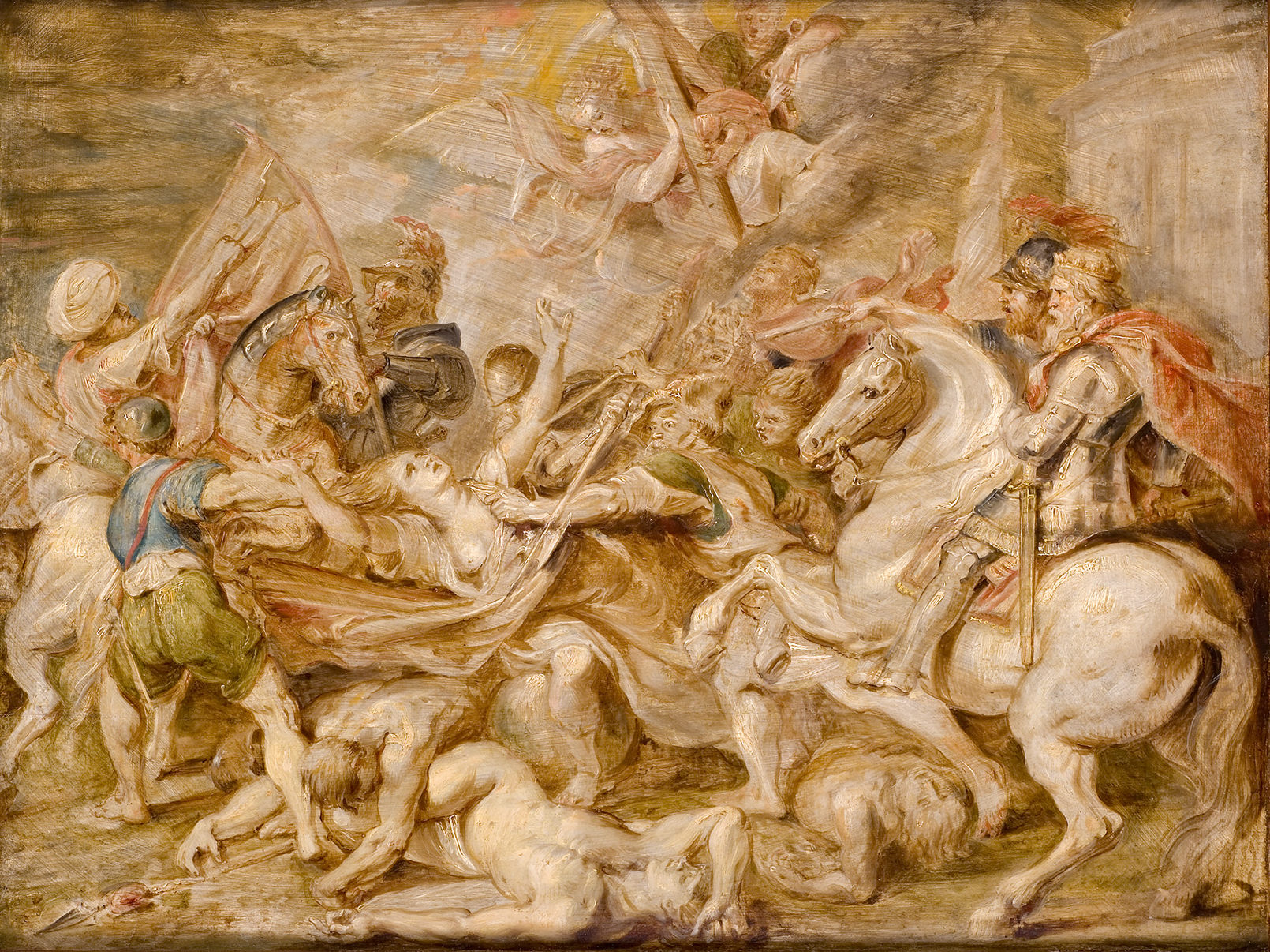 Cette image représente une scène dynamique et dramatique, typique de l'art baroque. On y voit un groupe de personnages en pleine action, certains à cheval et d'autres au sol. Les figures sont disposées de manière à créer un mouvement intense, avec des expressions de lutte et de détermination. On aperçoit également des éléments célestes, tels que des anges, qui ajoutent une dimension spirituelle à la composition. Les couleurs sont vibrantes et la lumière joue un rôle important, mettant en évidence les différents protagonistes et leurs actions. L'ensemble évoque un moment de conflit, mais aussi de grandeur et d'émotion.