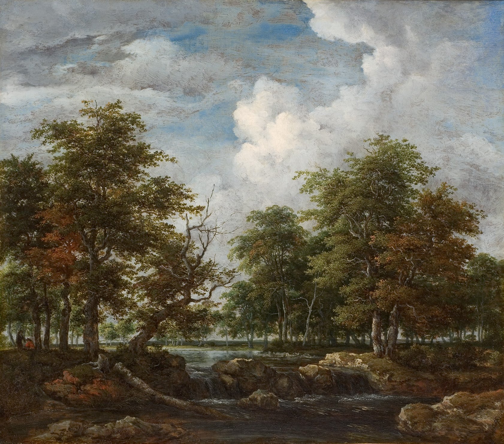 L'image dépeint un paysage naturel avec un cours d'eau paisible. À gauche, on peut voir des arbres majestueux, certains avec des feuilles verdoyantes et d'autres aux teintes orangées, suggérant l'automne. Le ciel est rempli de nuages volumineux, créant une atmosphère sereine. Des rochers et des formations terrestres bordent le ruisseau, ajoutant une touche de texture à la scène. L'ensemble évoque une nature tranquille et harmonieuse.