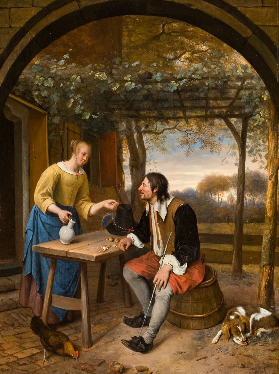 L'image représente une scène de genre du XVIIe siècle. Au premier plan, un homme assis sur un tonneau, vêtu d'une veste noire et d'un col blanc, regarde une femme qui lui tend une tasse en porcelaine. Elle est habillée d'une robe bleue et d'un tablier, et semble lui servir quelque chose. Sur la table, il y a des objets, possiblement de la nourriture ou des jeux. En arrière-plan, on aperçoit un jardin avec des arbres et une ambiance paisible, ainsi qu'un poulet et un chien au sol, ajoutant à la simplicité et à la vie de cette scène domestique.
