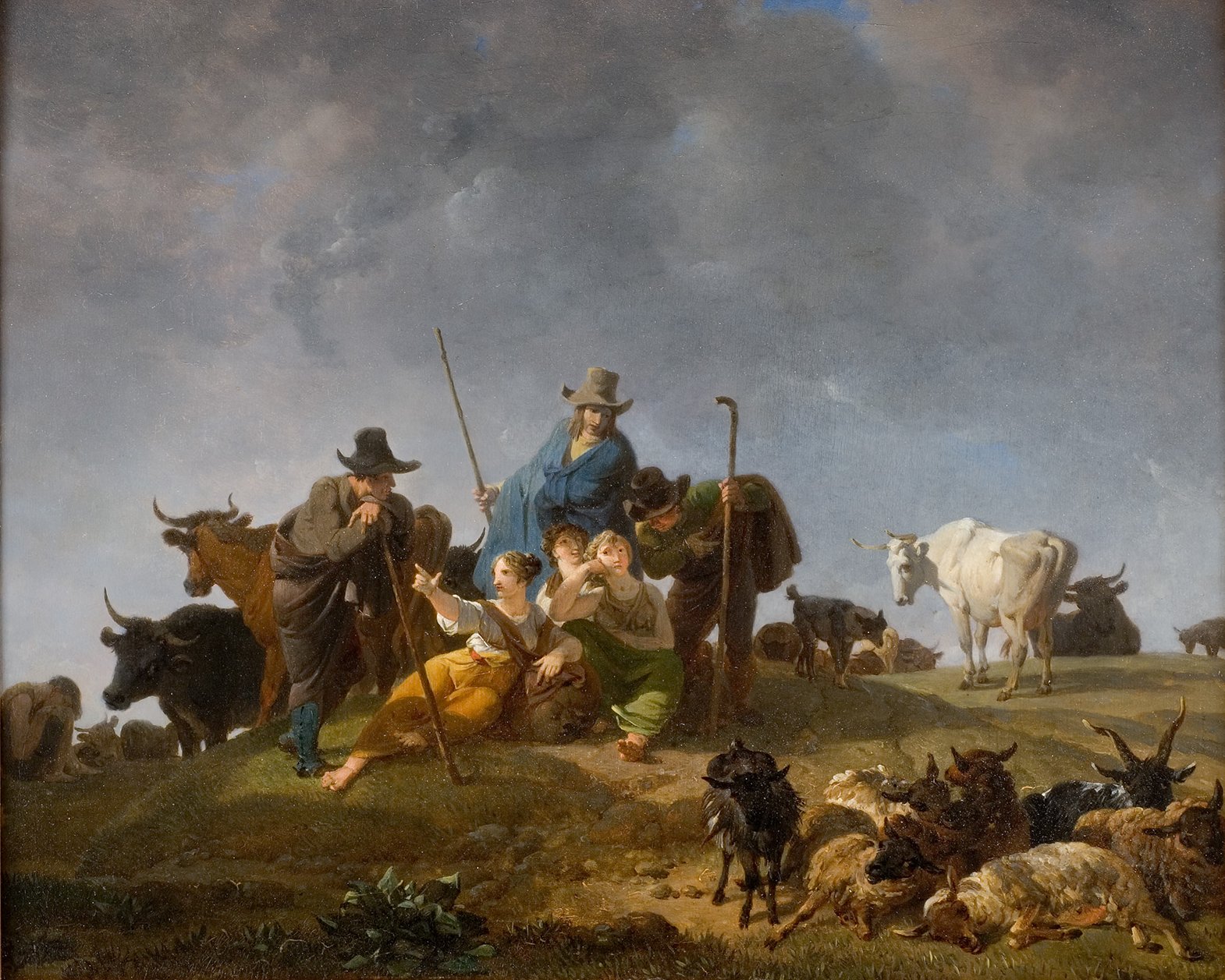 L'image présente une scène rurale animée où plusieurs personnages, vêtus de chapeaux à large bord, se trouvent au milieu d'un paysage pastoral. Ils sont entourés de vaches et d'autres animaux de la ferme. Parmi les personnes, il y a deux femmes assises, regardant vers un homme qui semble jouer de la flûte ou souffler dans un instrument. L'atmosphère est paisible, avec des nuages sombres dans le ciel, ajoutant une atmosphère dramatique à la scène. Les couleurs sont chaleureuses, évoquant la vie à la campagne.